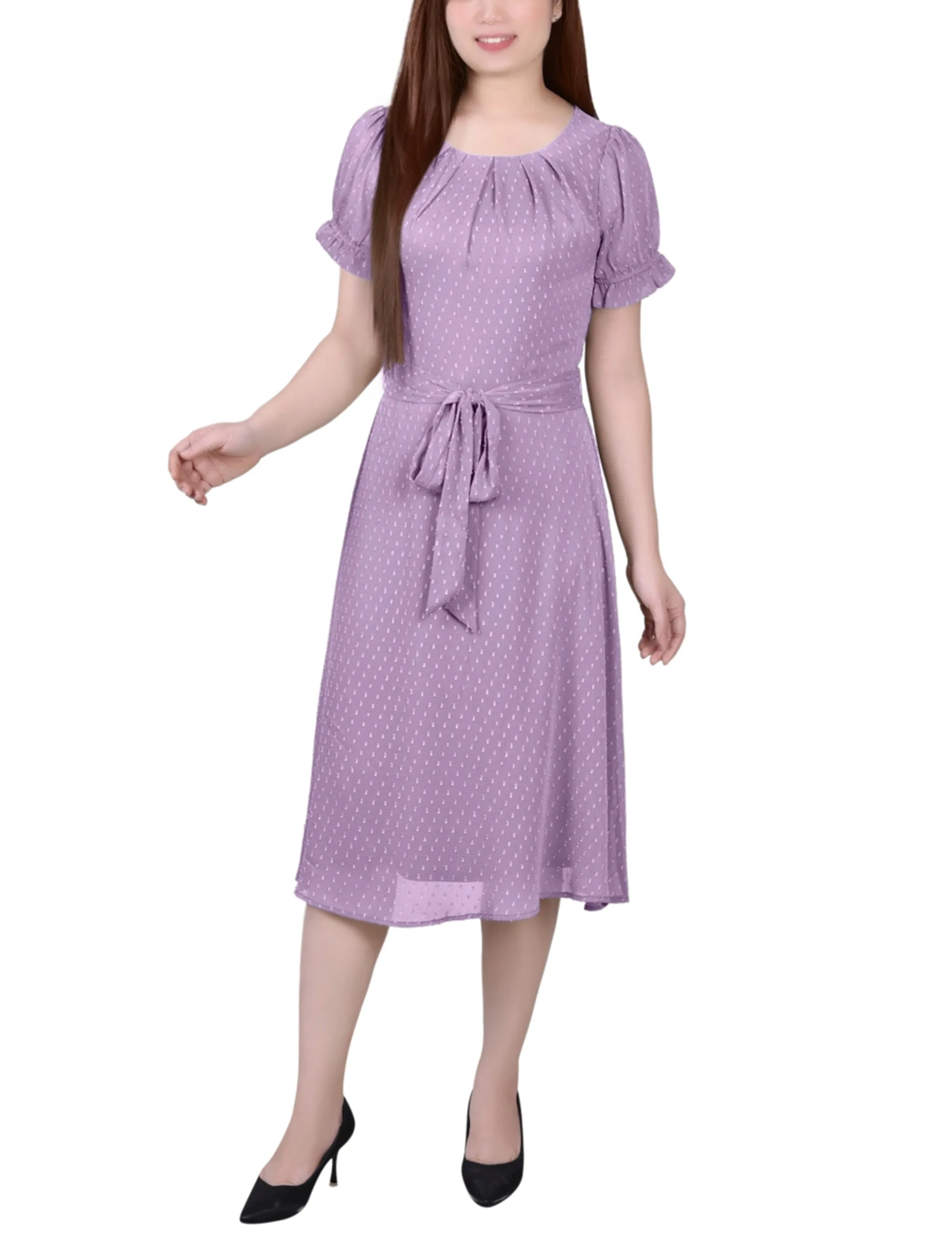 Regal Orchid Short Sleeve Belted Swiss Dot Dress sold by Dress Barn