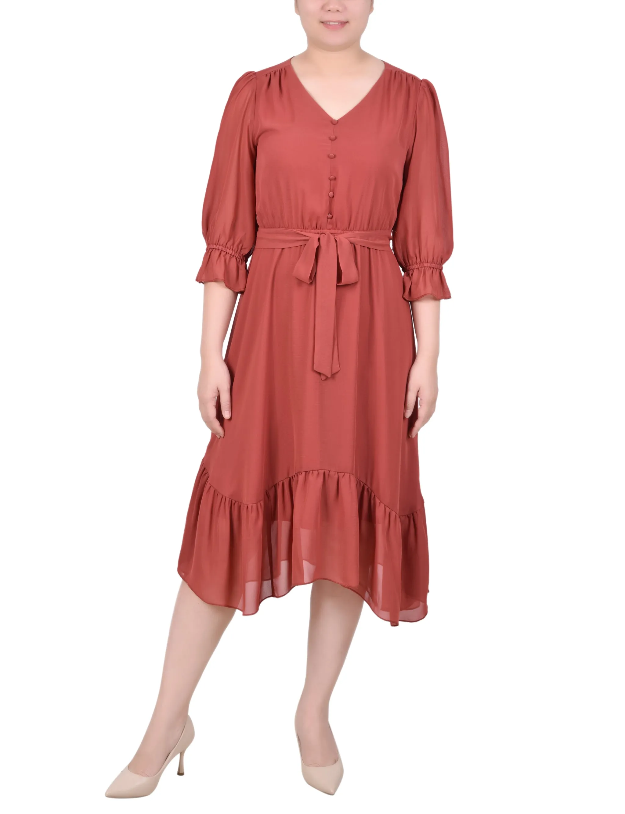 Marsala 3/4 Sleeve V-Neck Flounced Dress sold by Dress Barn
