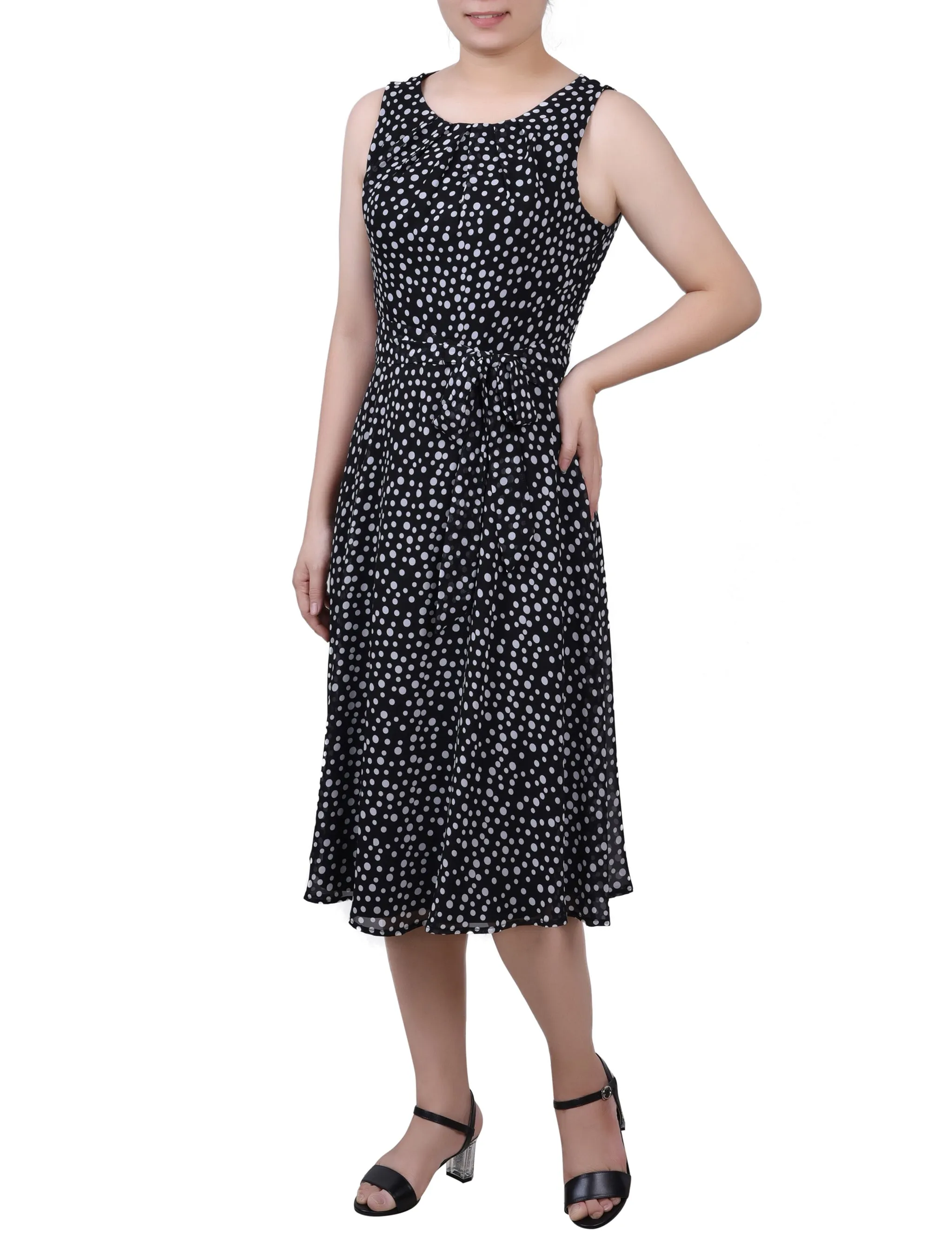 Black White Icemoon Sleeveless Chiffon Belted Dress sold by Dress Barn