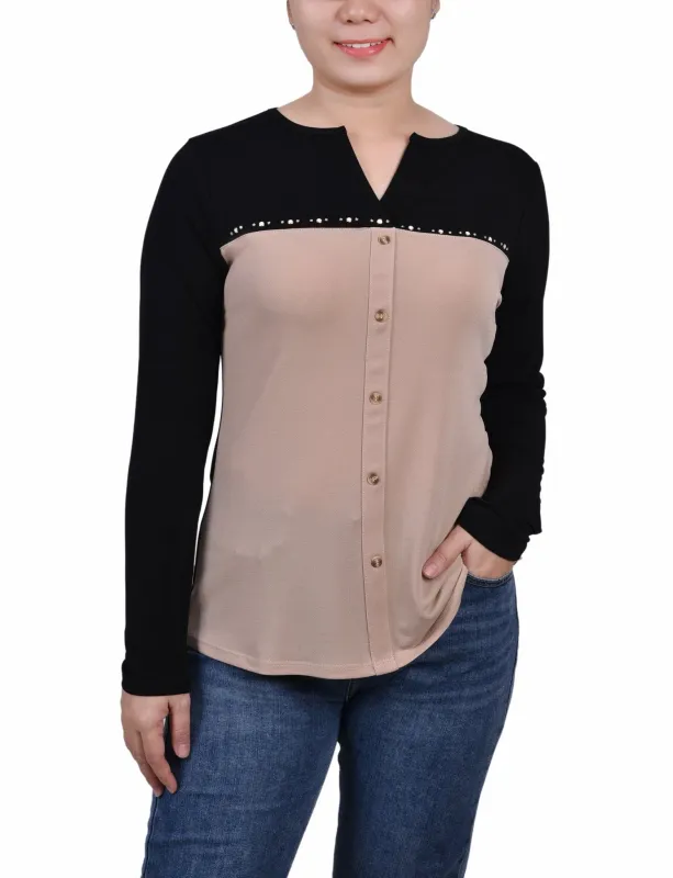 Doeskin Long Sleeve Studded Colorblocked Split Neck Top sold by Dress Barn