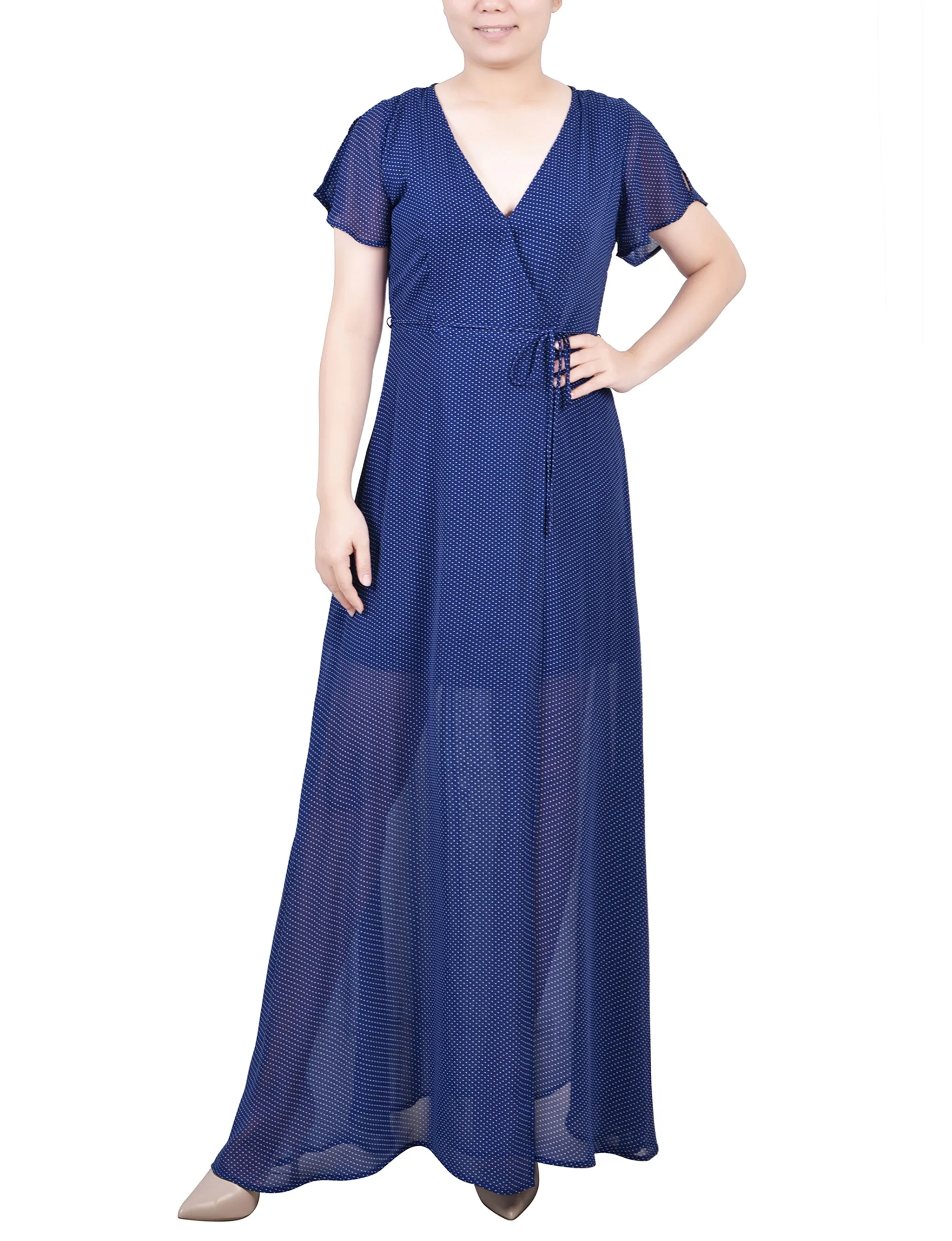 Navy Taranto Short Sleeve Chiffon Wrap Maxi Dress sold by Dress Barn