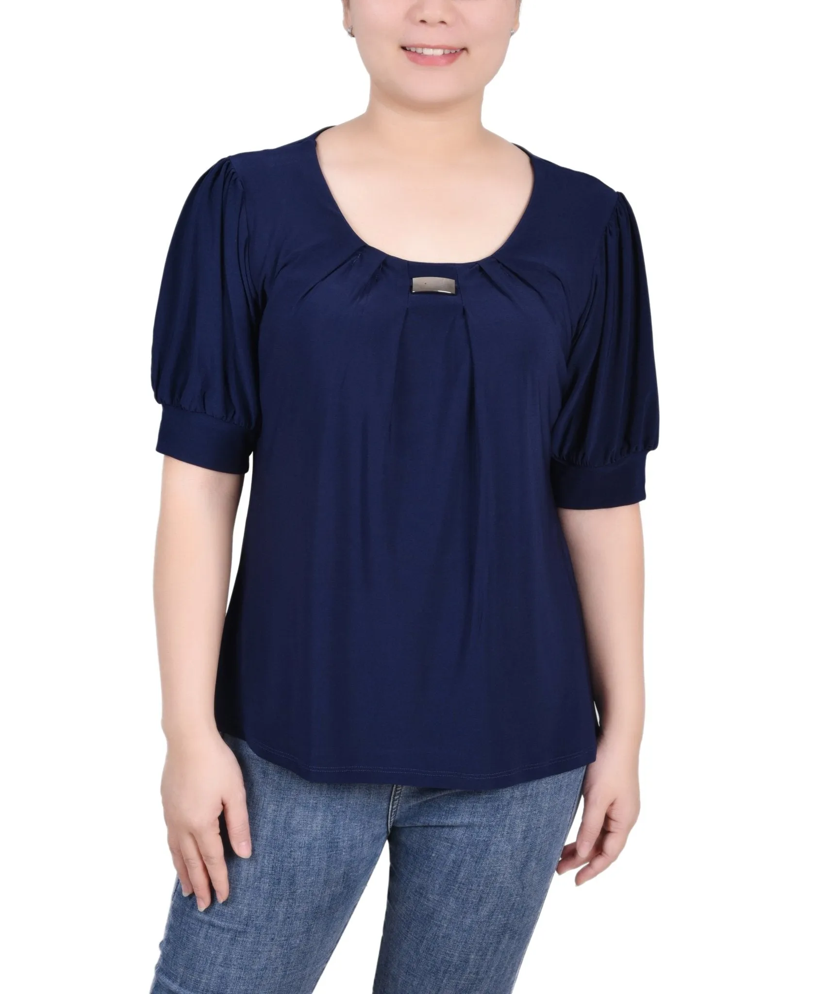 Navy Short Sleeve Balloon Sleeve Top With Hardware sold by Dress Barn