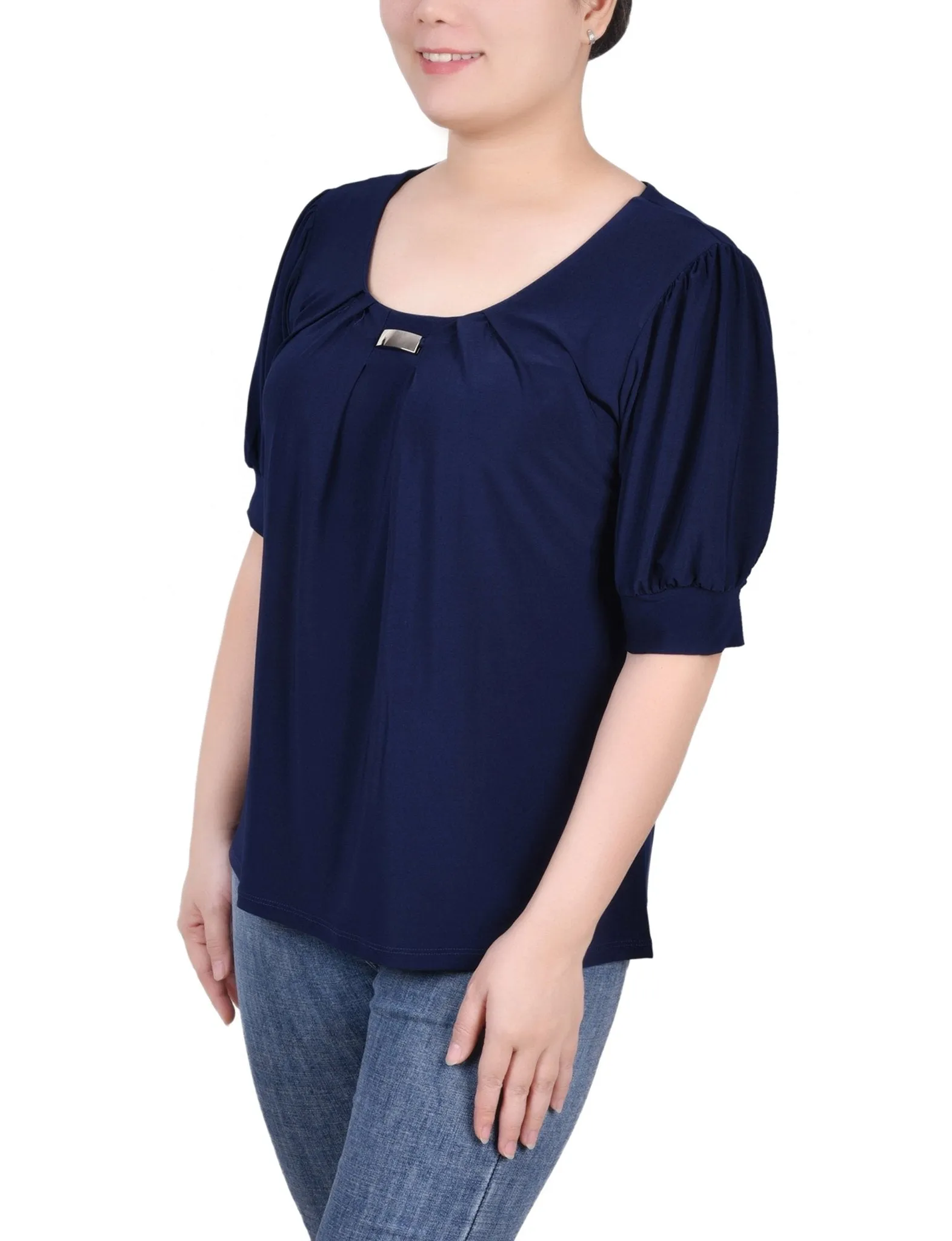 Navy Short Sleeve Balloon Sleeve Top With Hardware sold by Dress Barn product image thumbnail 2