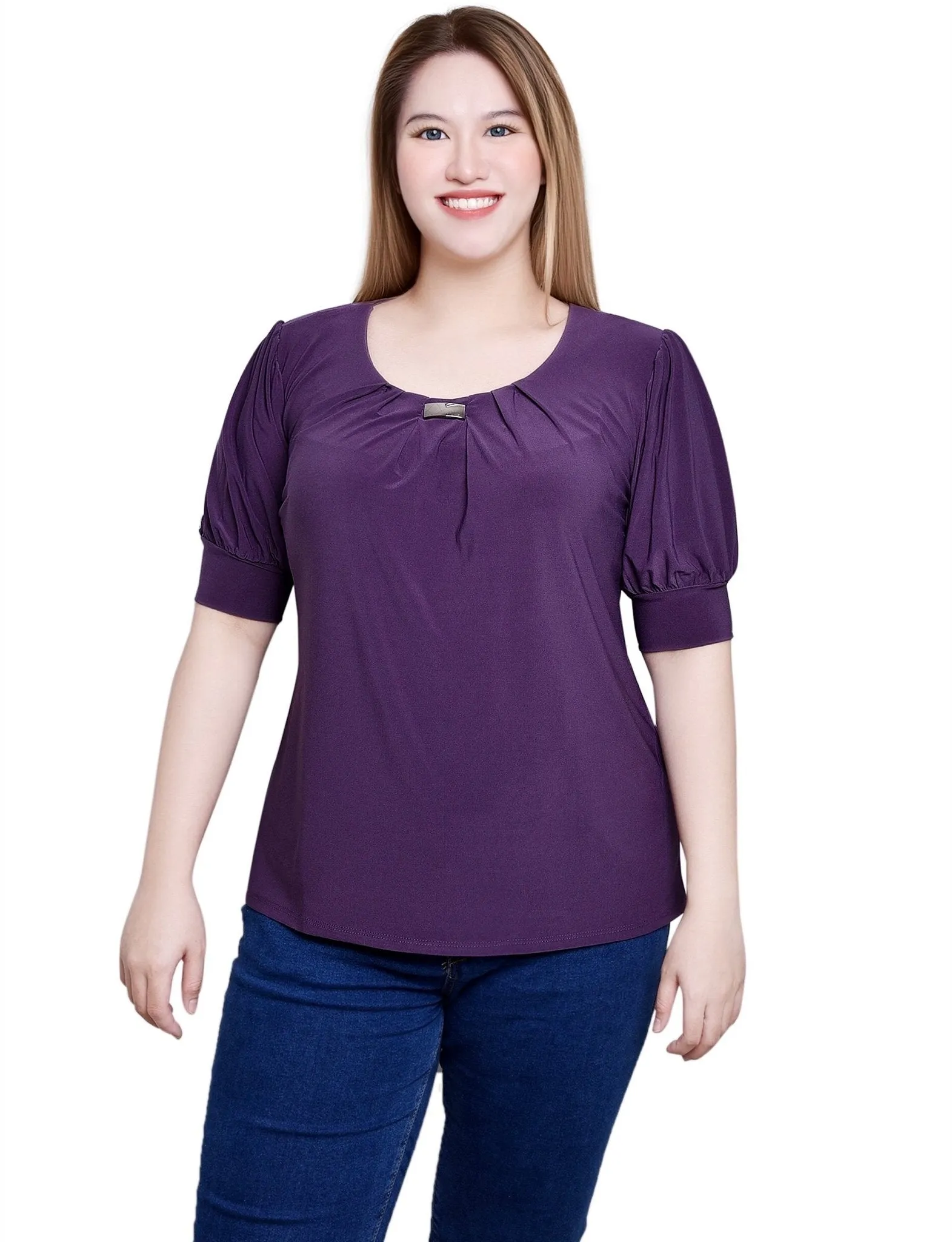 Nightshade Short Sleeve Balloon Sleeve Top With Hardware sold by Dress Barn