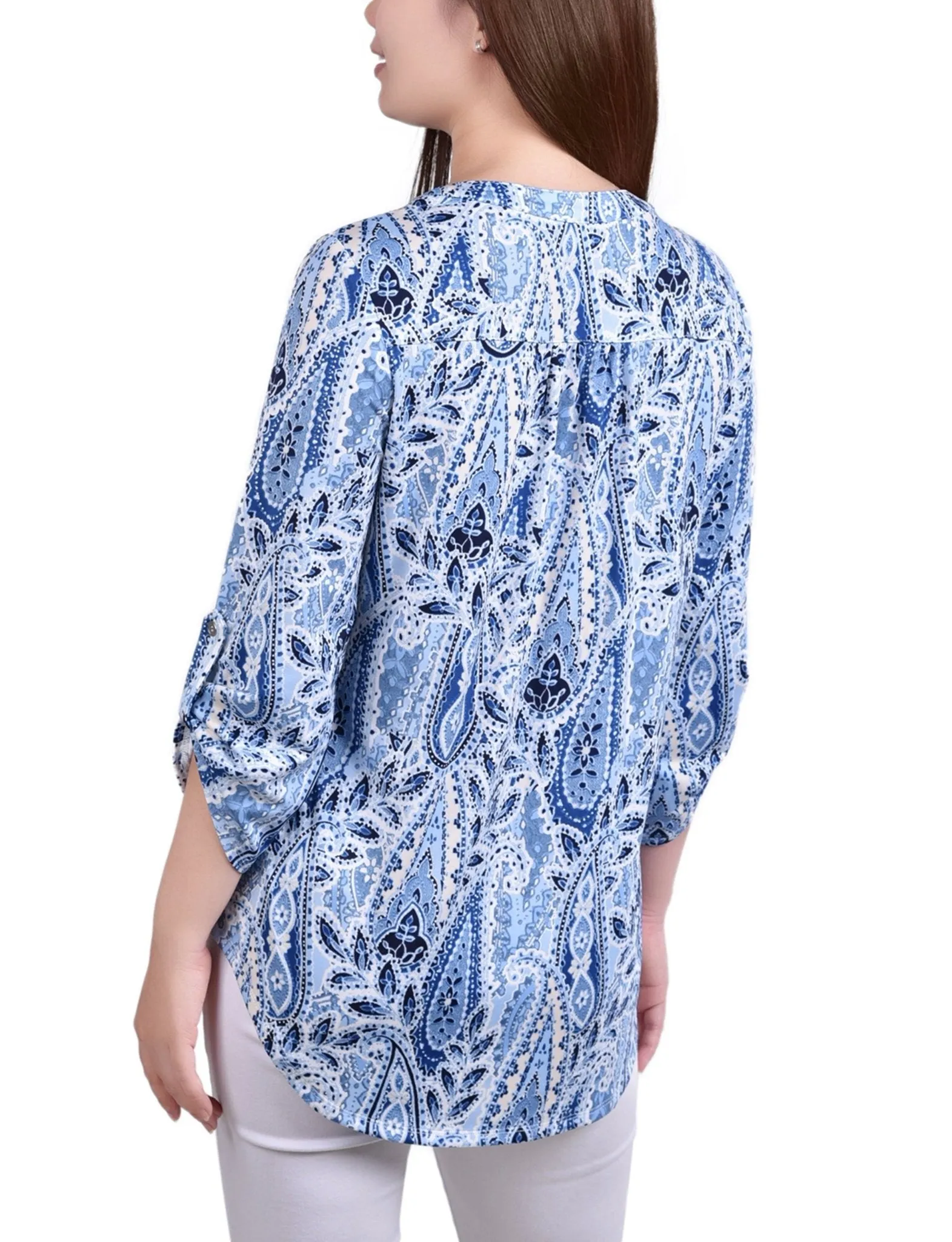 Navy Amoreduo 3/4 Bell Sleeve Pleat Front Y Neck Top sold by Dress Barn product image thumbnail 4