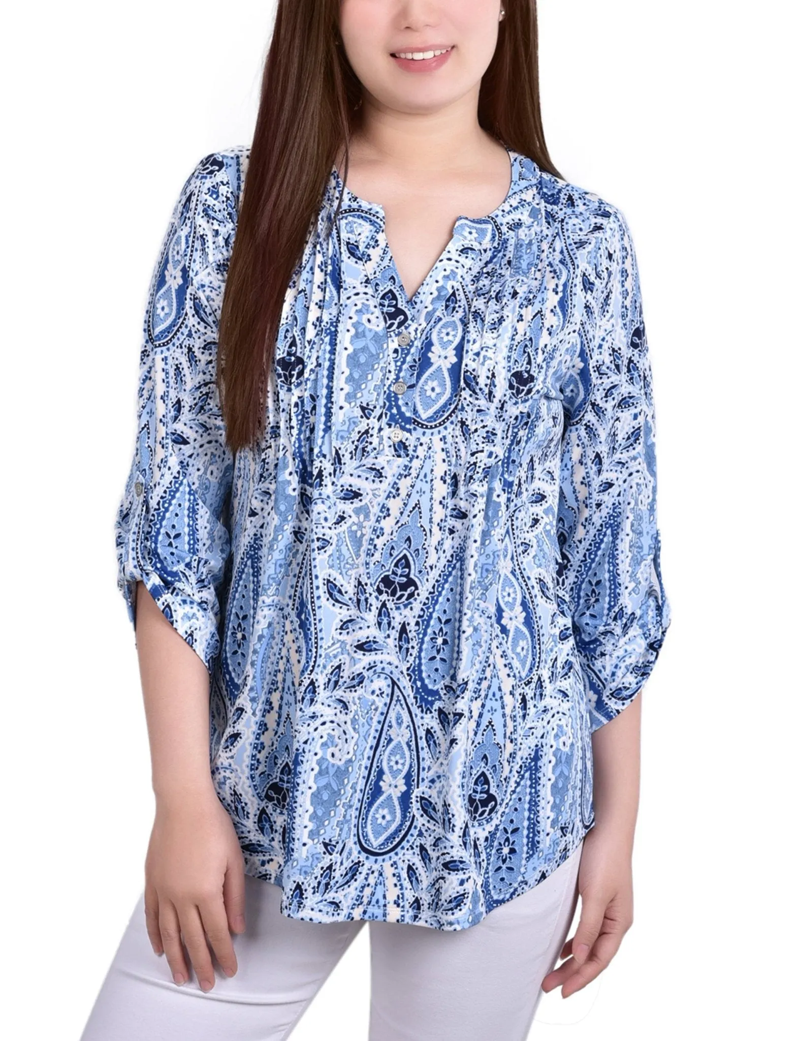 Navy Amoreduo 3/4 Bell Sleeve Pleat Front Y Neck Top sold by Dress Barn