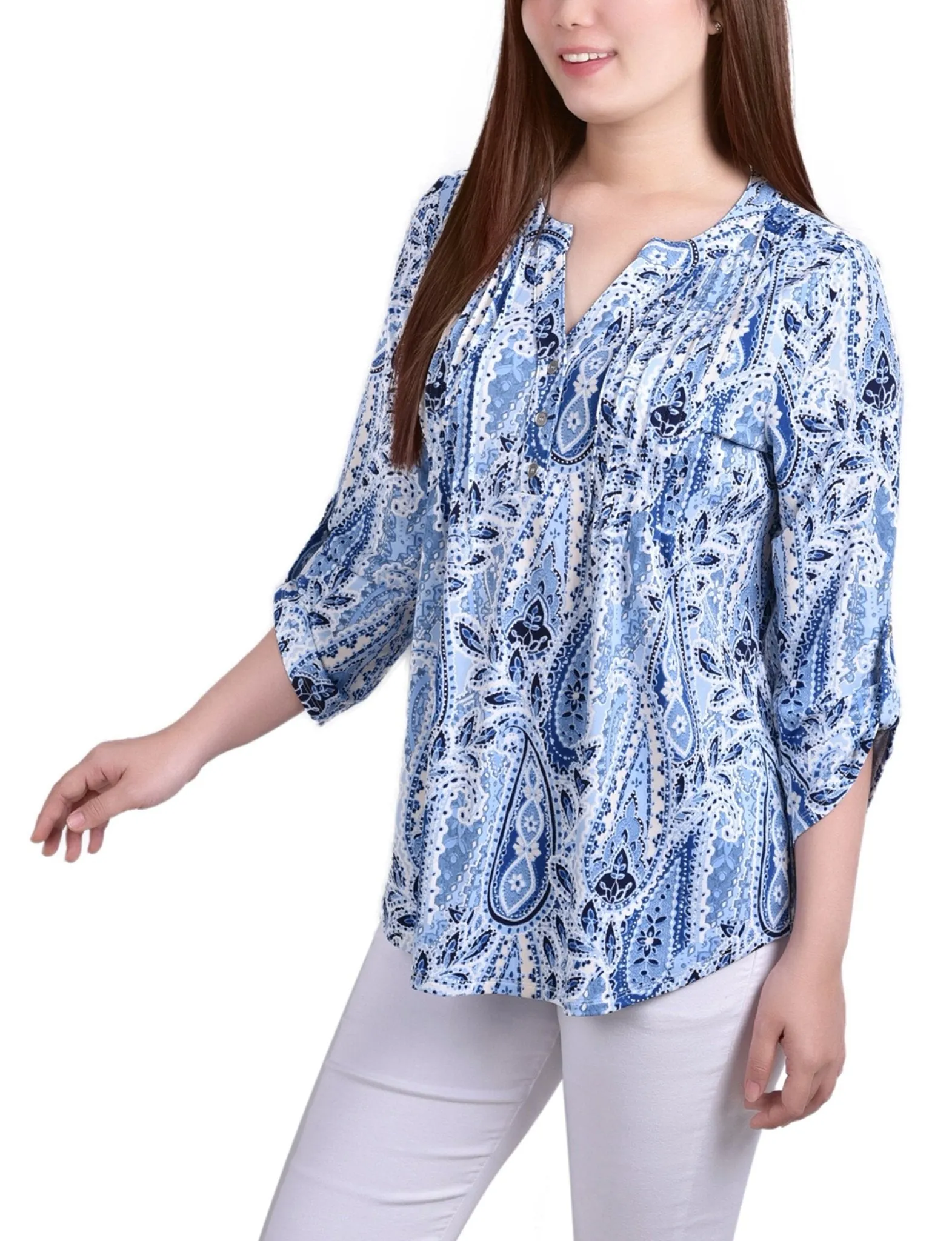 Navy Amoreduo 3/4 Bell Sleeve Pleat Front Y Neck Top sold by Dress Barn product image thumbnail 2