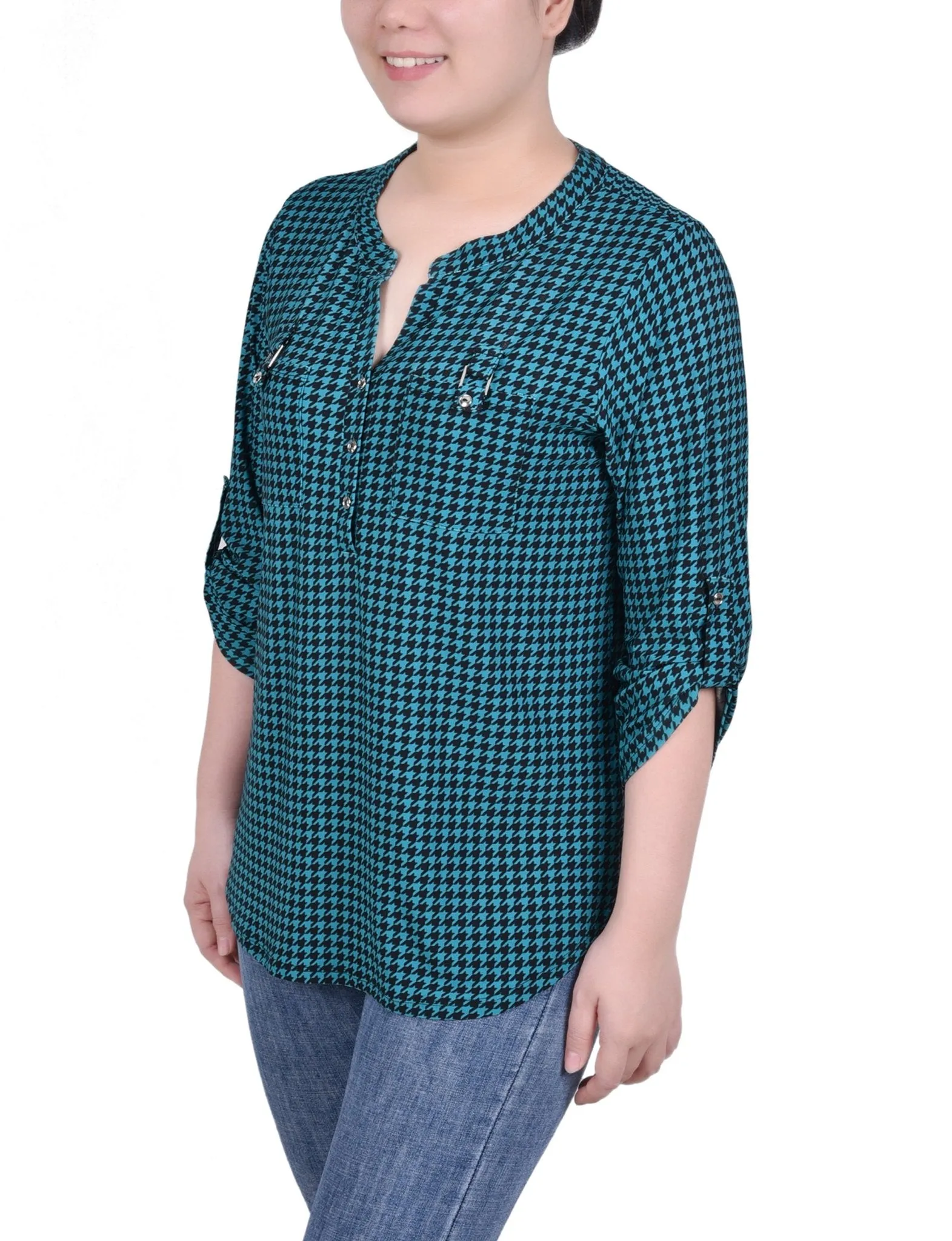 Fanfare Black Houndstooth Long Tab-Sleeve Top With Pockets sold by Dress Barn product image thumbnail 2