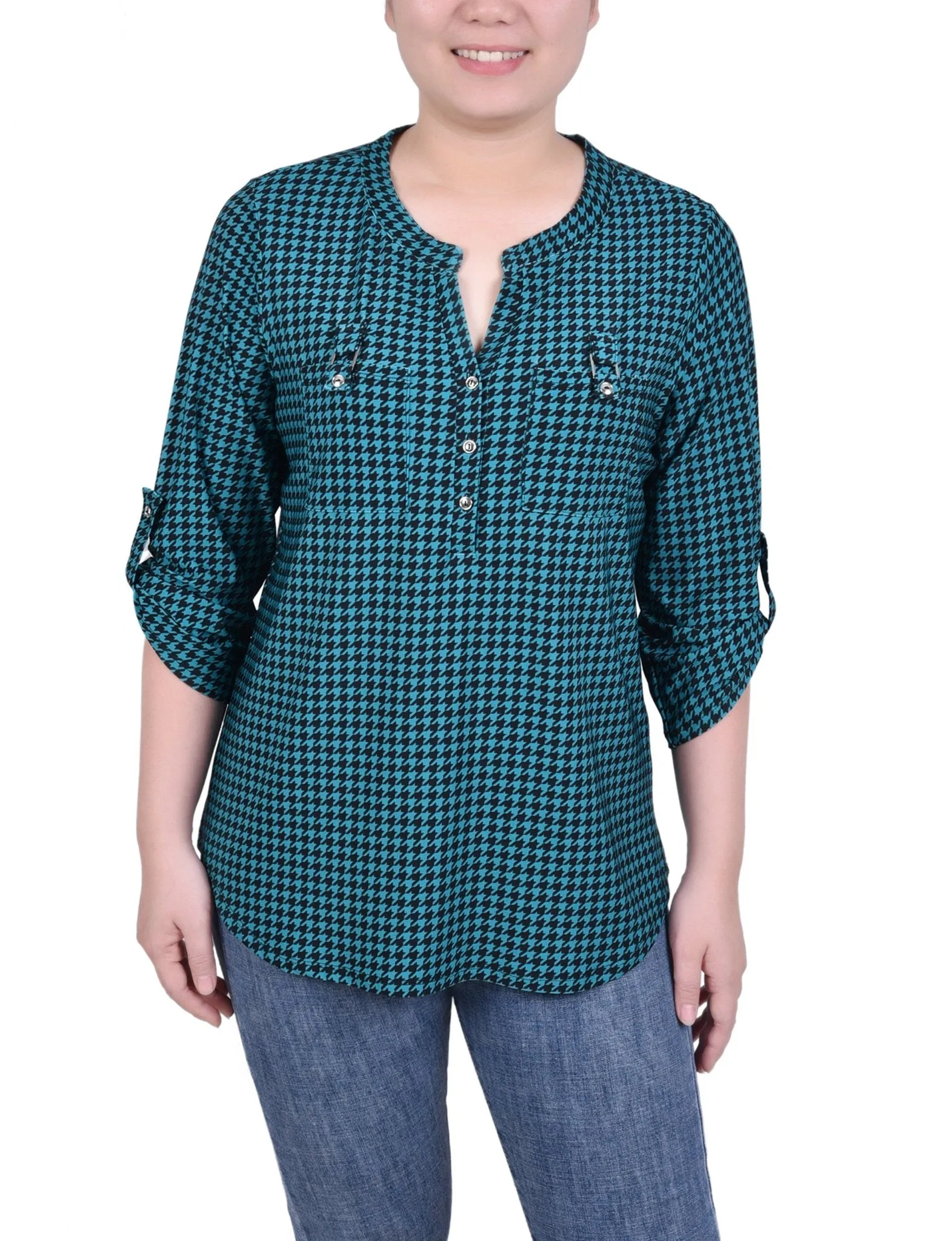 Fanfare Black Houndstooth Long Tab-Sleeve Top With Pockets sold by Dress Barn