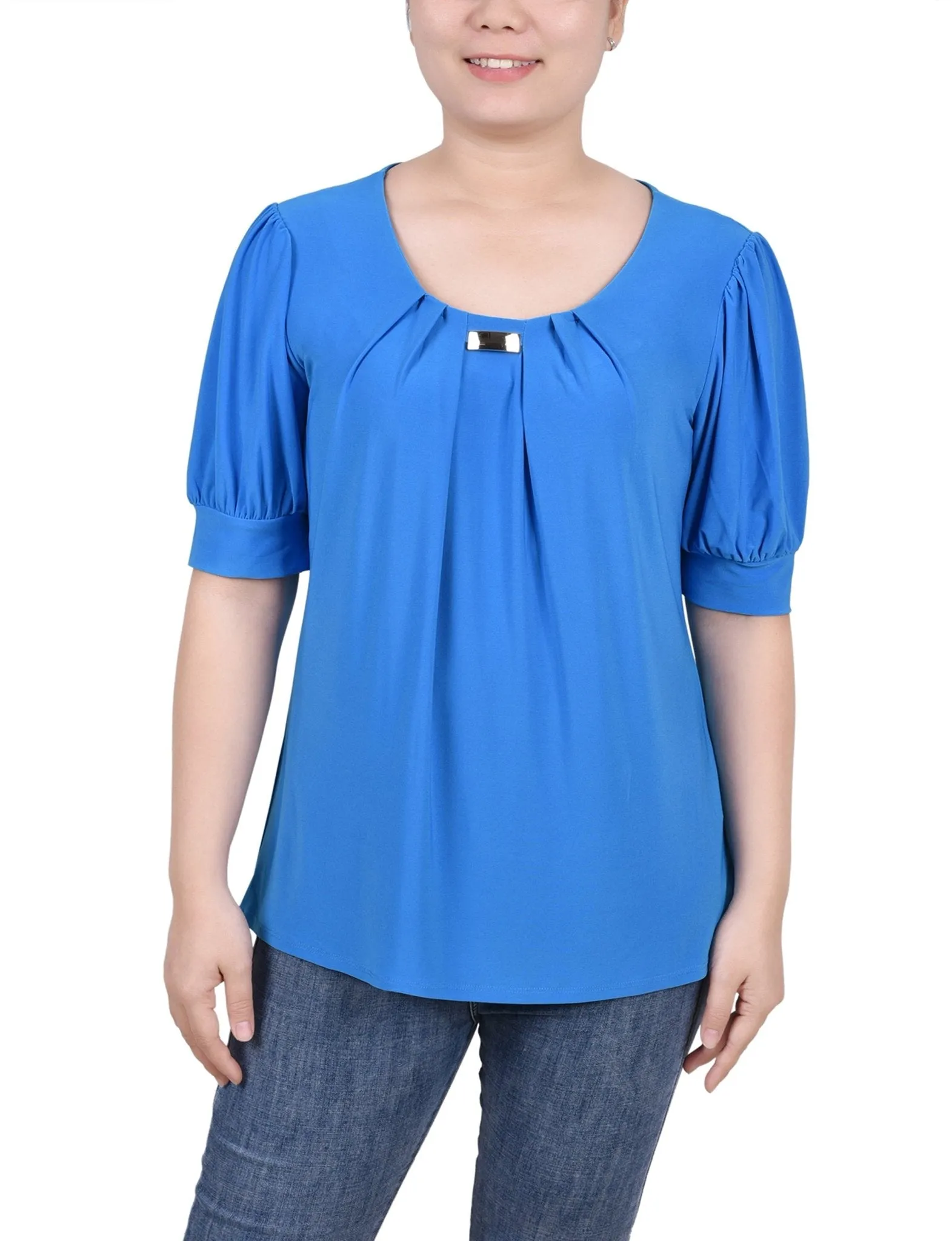 Electric Blue Short Sleeve Balloon Sleeve Top With Hardware sold by Dress Barn