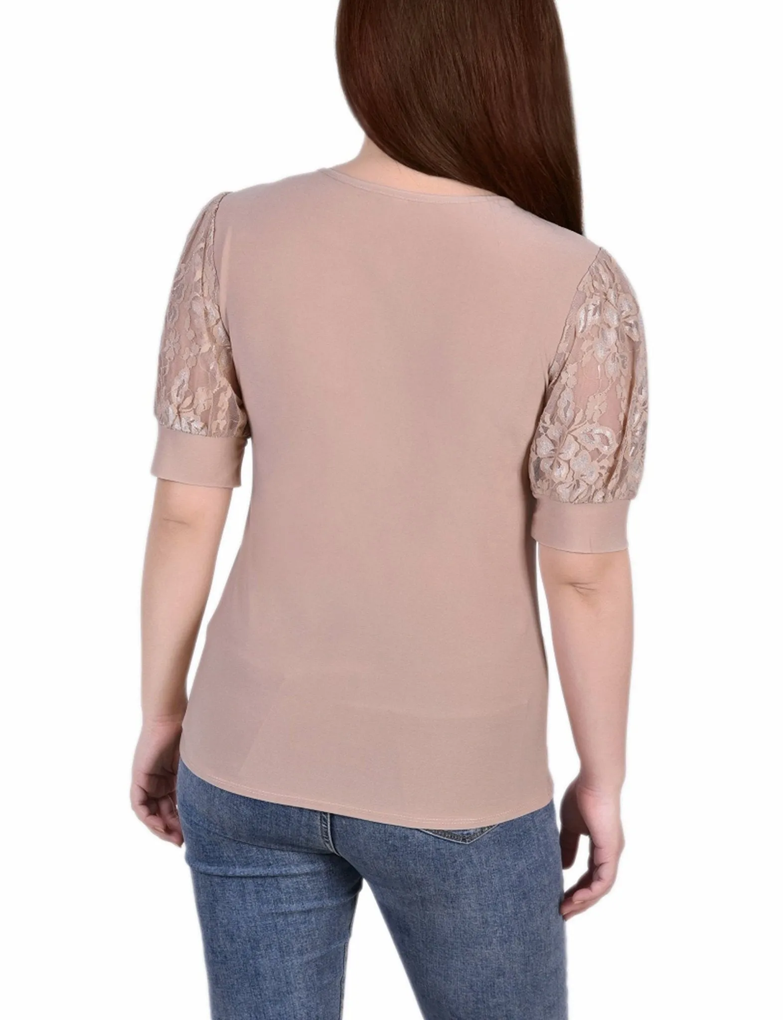 Doeskin Short Puff Sleeve Top With Lace Sleeves And Yoke sold by Dress Barn product image thumbnail 4