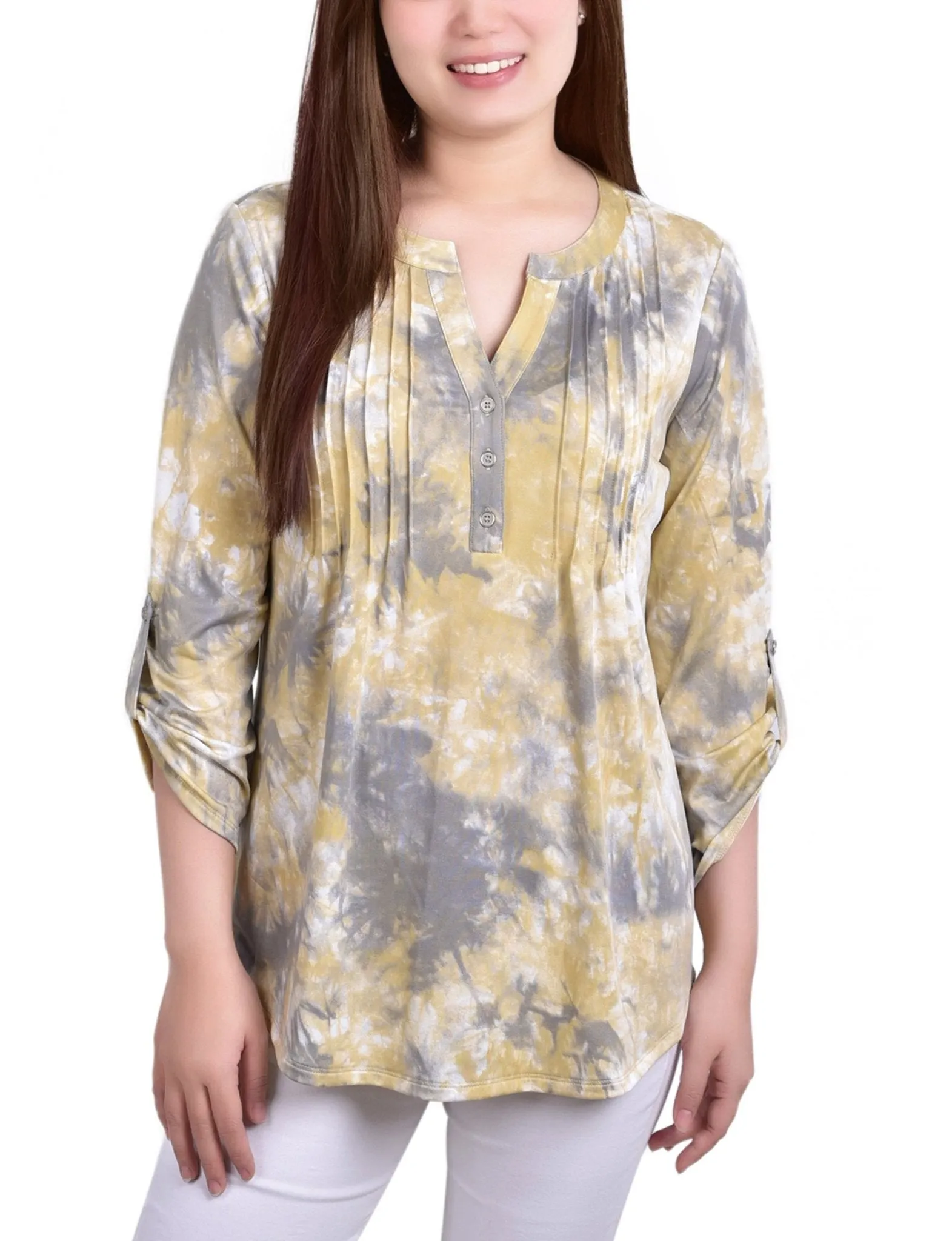 Yellow Tiedye 3/4 Bell Sleeve Pleat Front Y Neck Top sold by Dress Barn