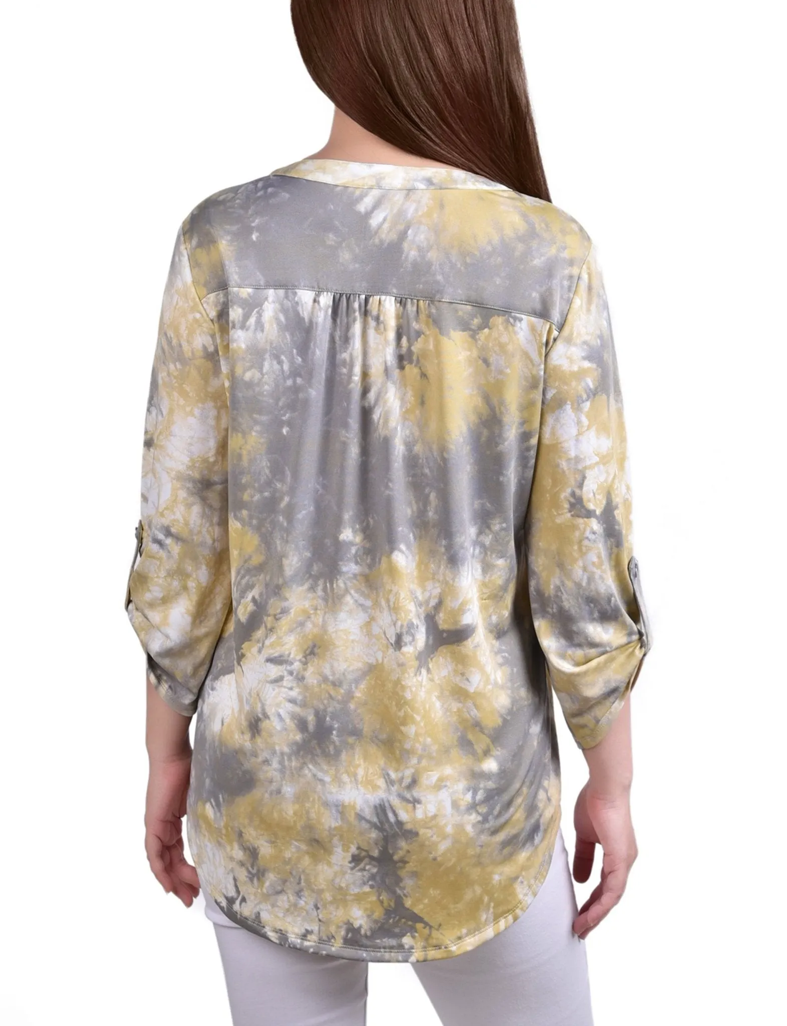 Yellow Tiedye 3/4 Bell Sleeve Pleat Front Y Neck Top sold by Dress Barn product image thumbnail 4