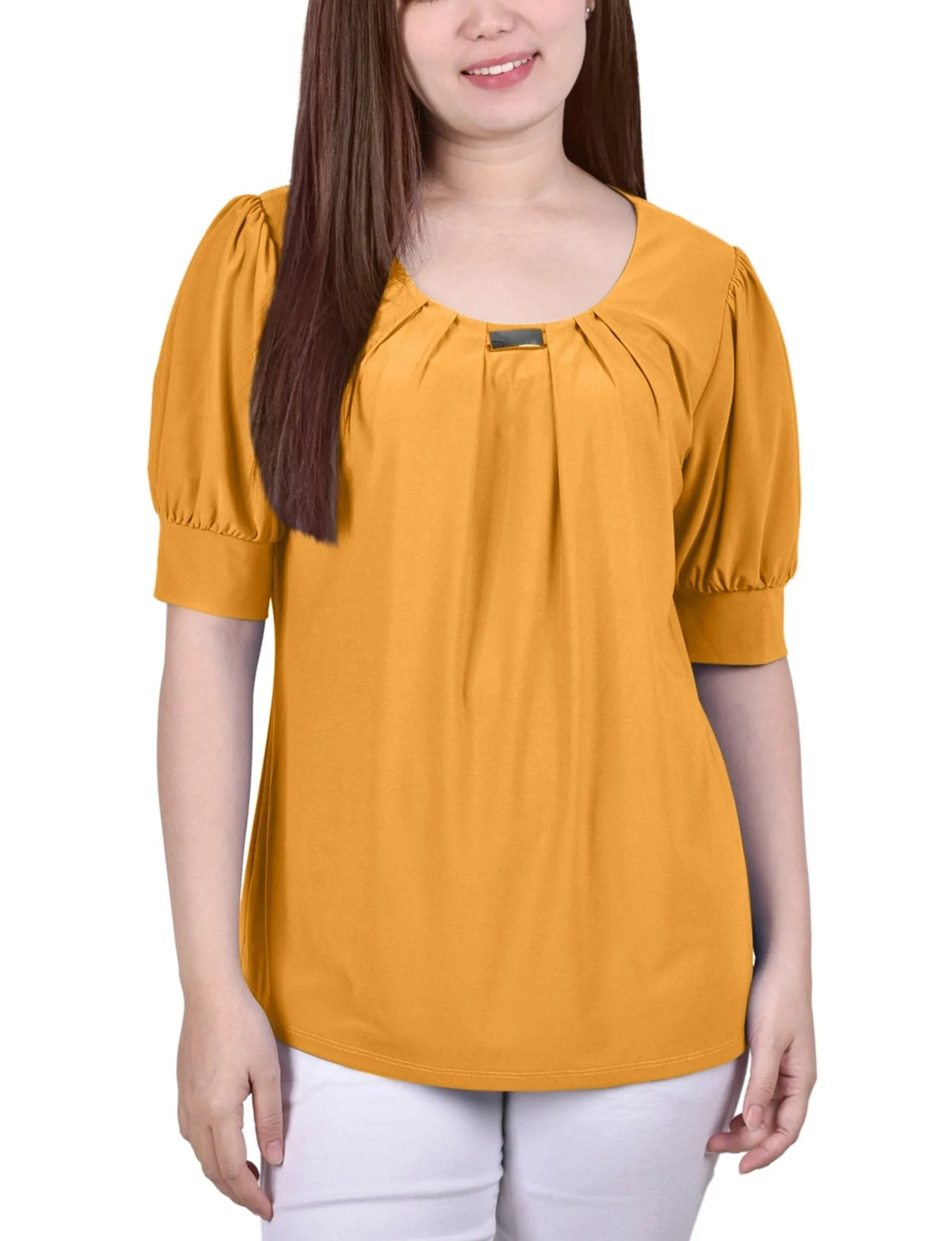 Golden Glow Short Sleeve Balloon Sleeve Top With Hardware sold by Dress Barn