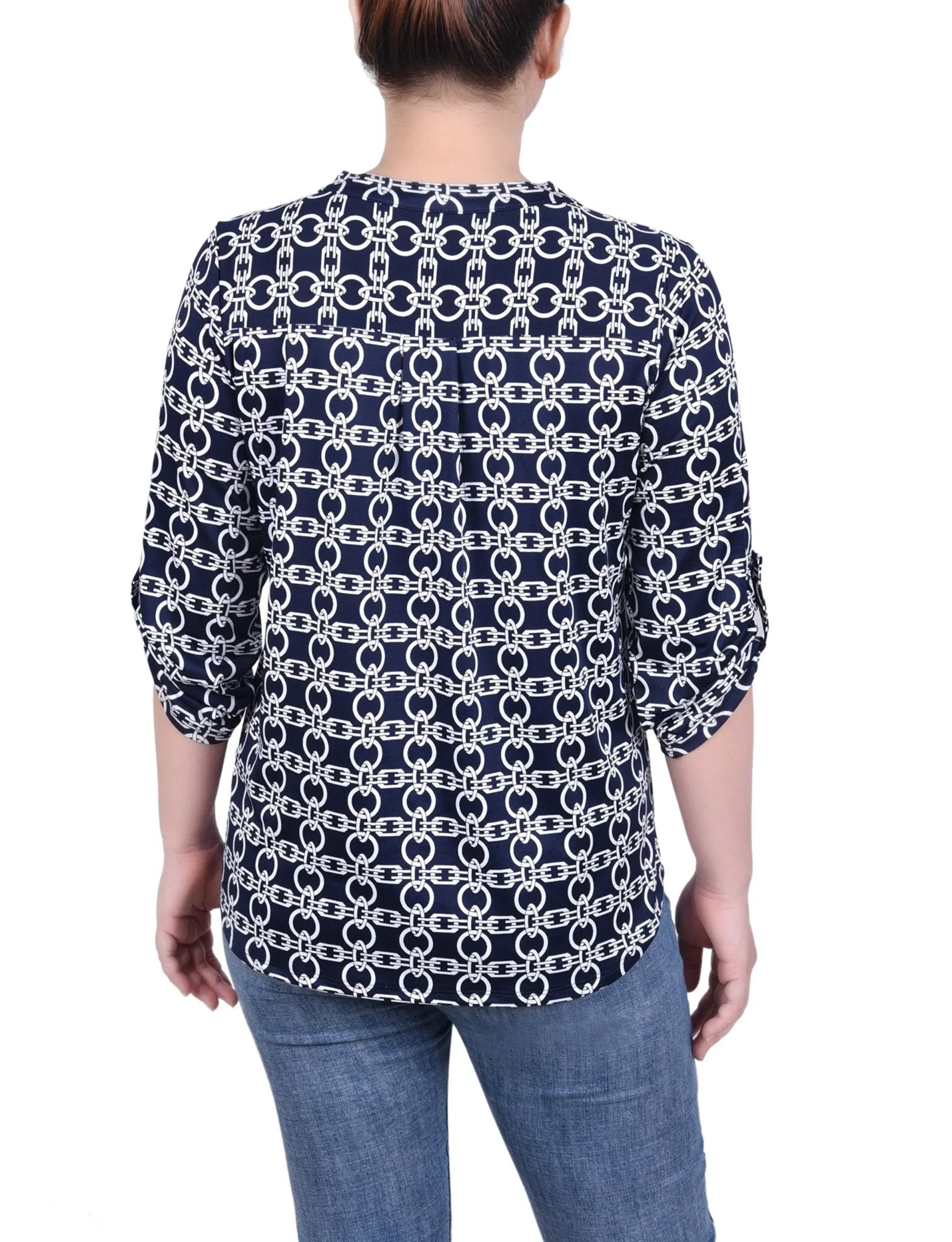 Navy White Chain Long Tab-Sleeve Top With Pockets sold by Dress Barn product image thumbnail 4