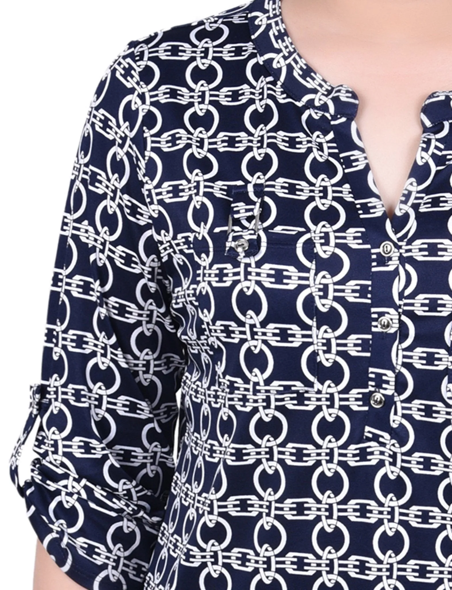 Navy White Chain Long Tab-Sleeve Top With Pockets sold by Dress Barn product image thumbnail 3