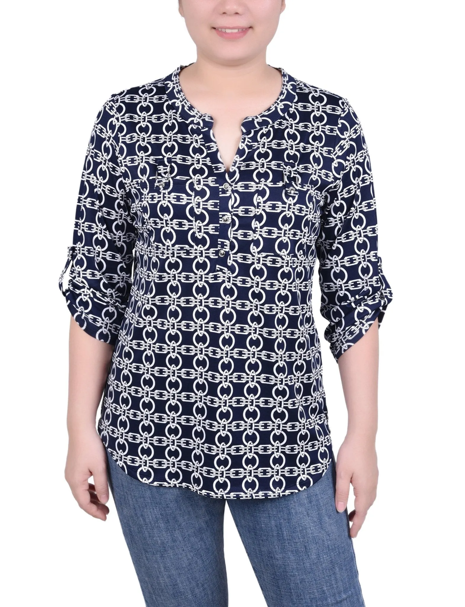 Navy White Chain Long Tab-Sleeve Top With Pockets sold by Dress Barn