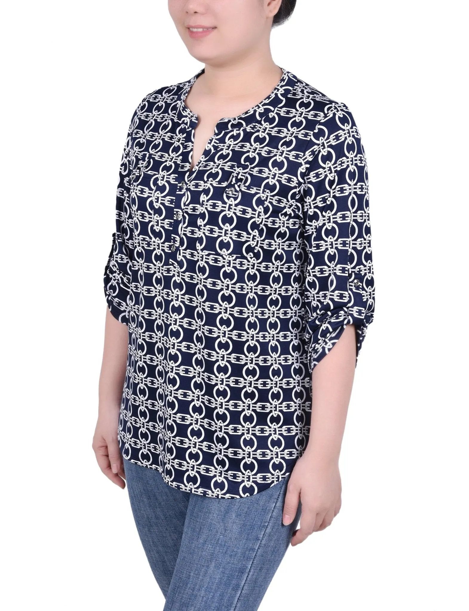 Navy White Chain Long Tab-Sleeve Top With Pockets sold by Dress Barn product image thumbnail 2
