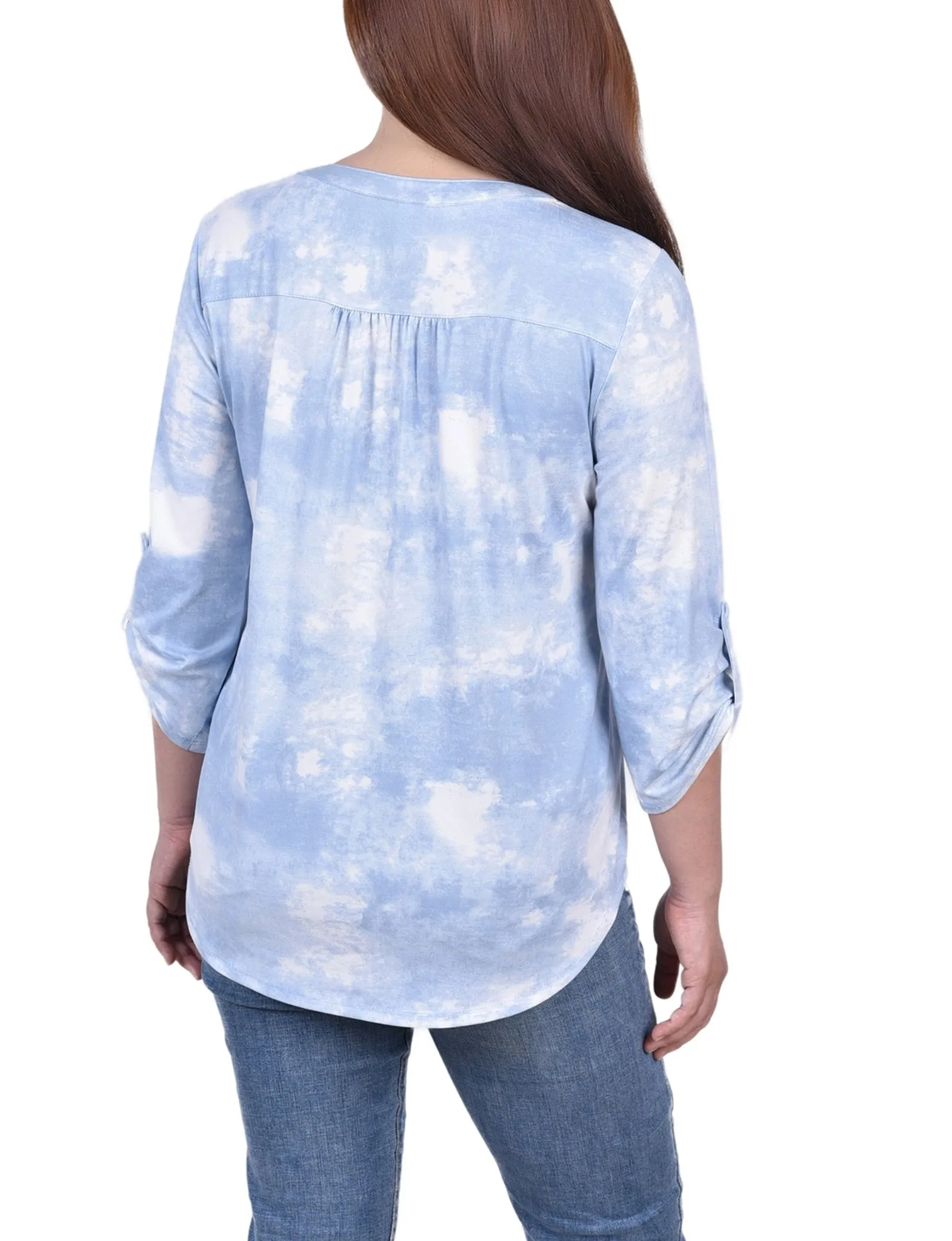 Blue Tie Dye 3/4 Bell Sleeve Pleat Front Y Neck Top sold by Dress Barn product image thumbnail 4
