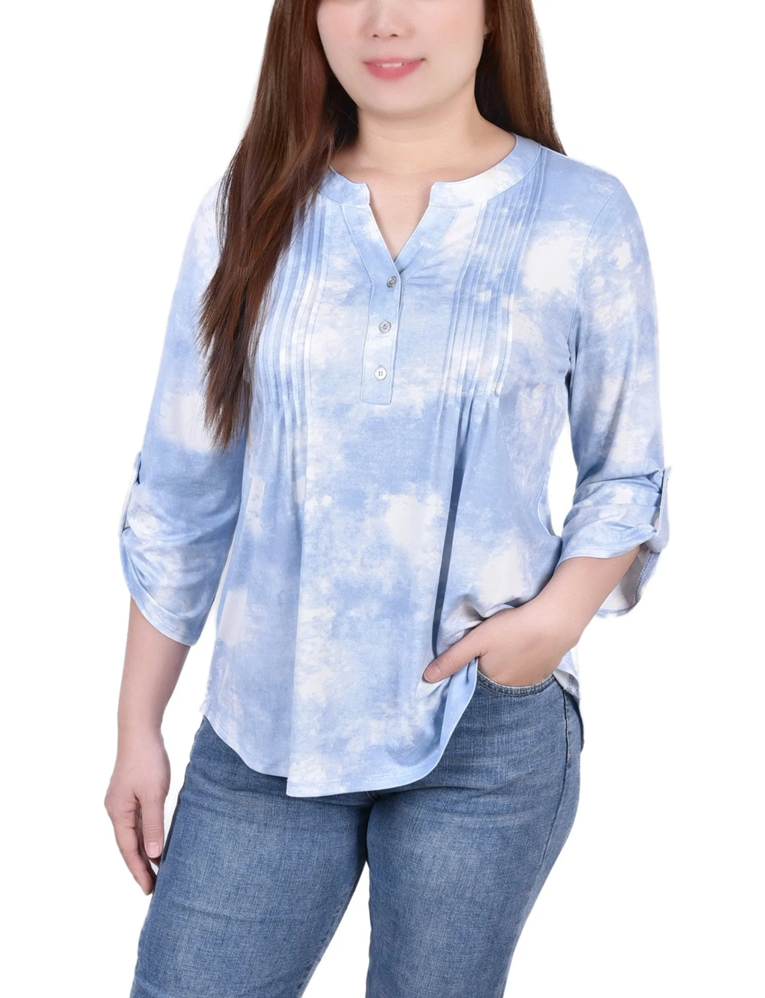 Blue Tie Dye 3/4 Bell Sleeve Pleat Front Y Neck Top sold by Dress Barn