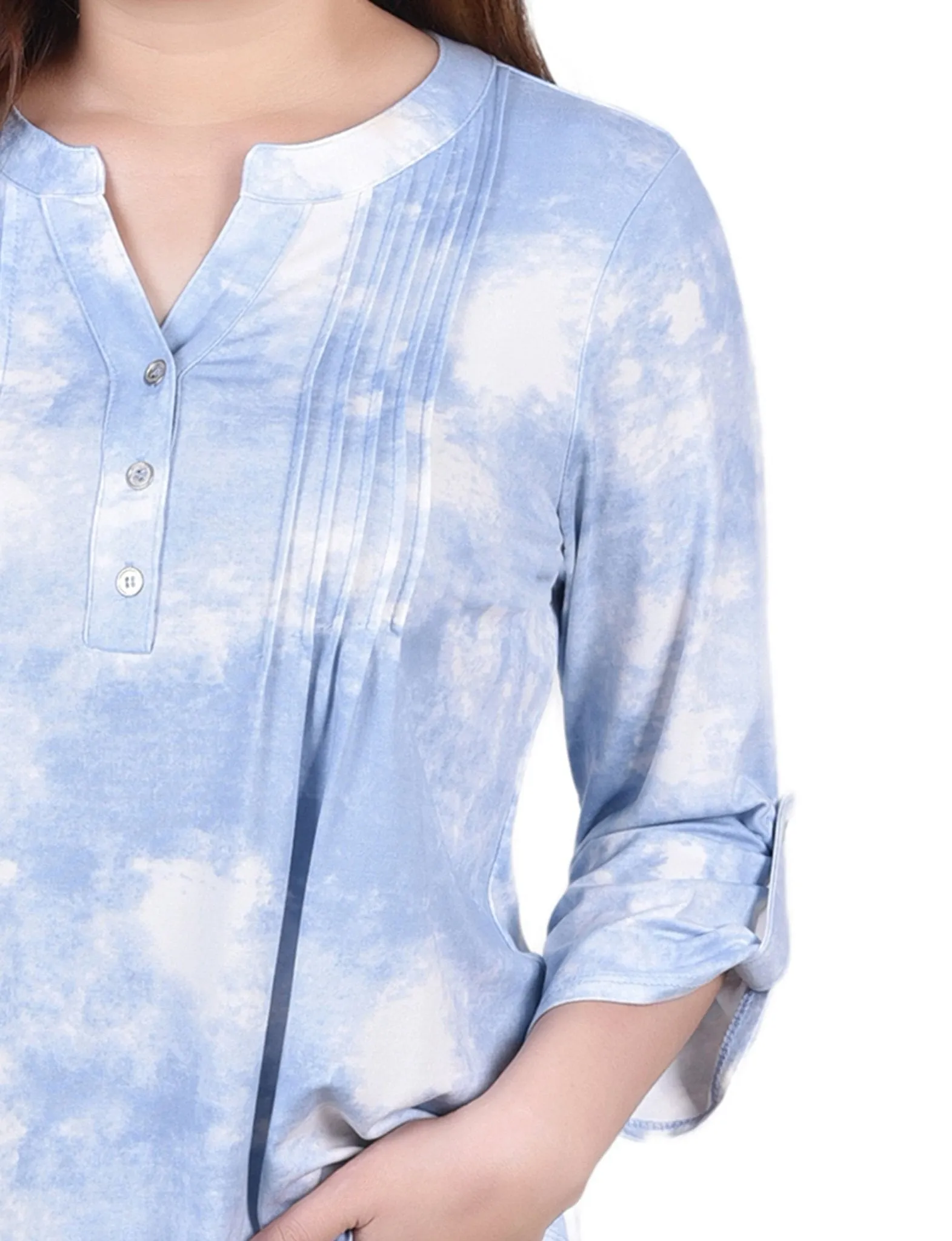 Blue Tie Dye 3/4 Bell Sleeve Pleat Front Y Neck Top sold by Dress Barn product image thumbnail 3