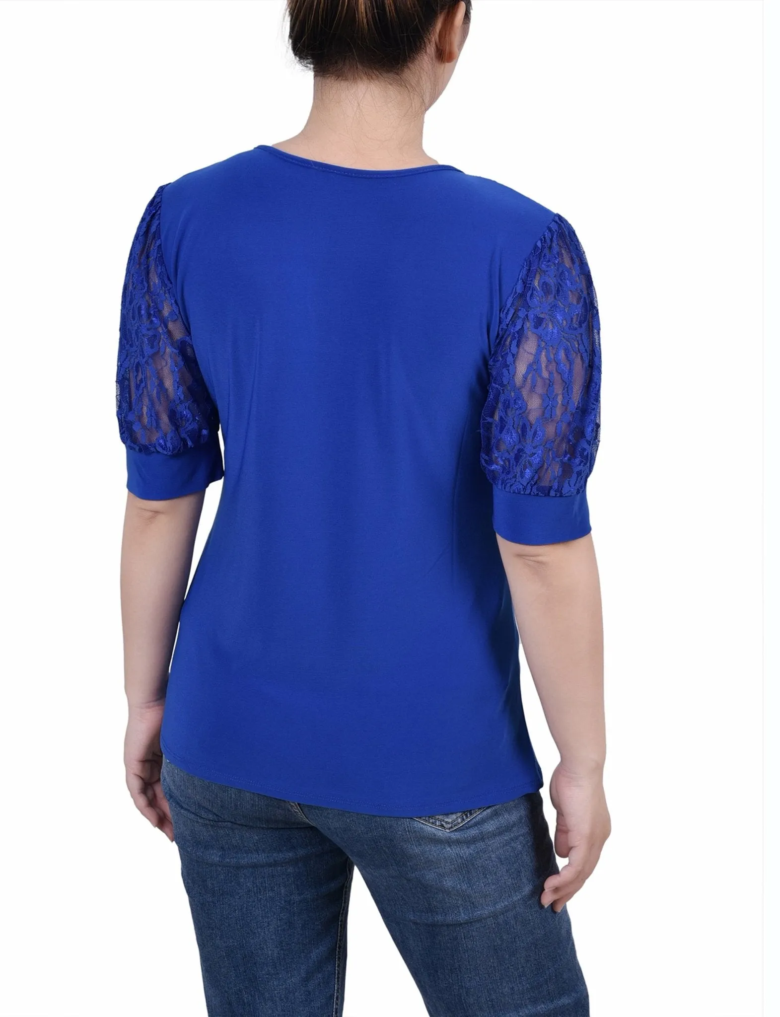 Surf The Web Short Puff Sleeve Top With Lace Sleeves And Yoke sold by Dress Barn product image thumbnail 4