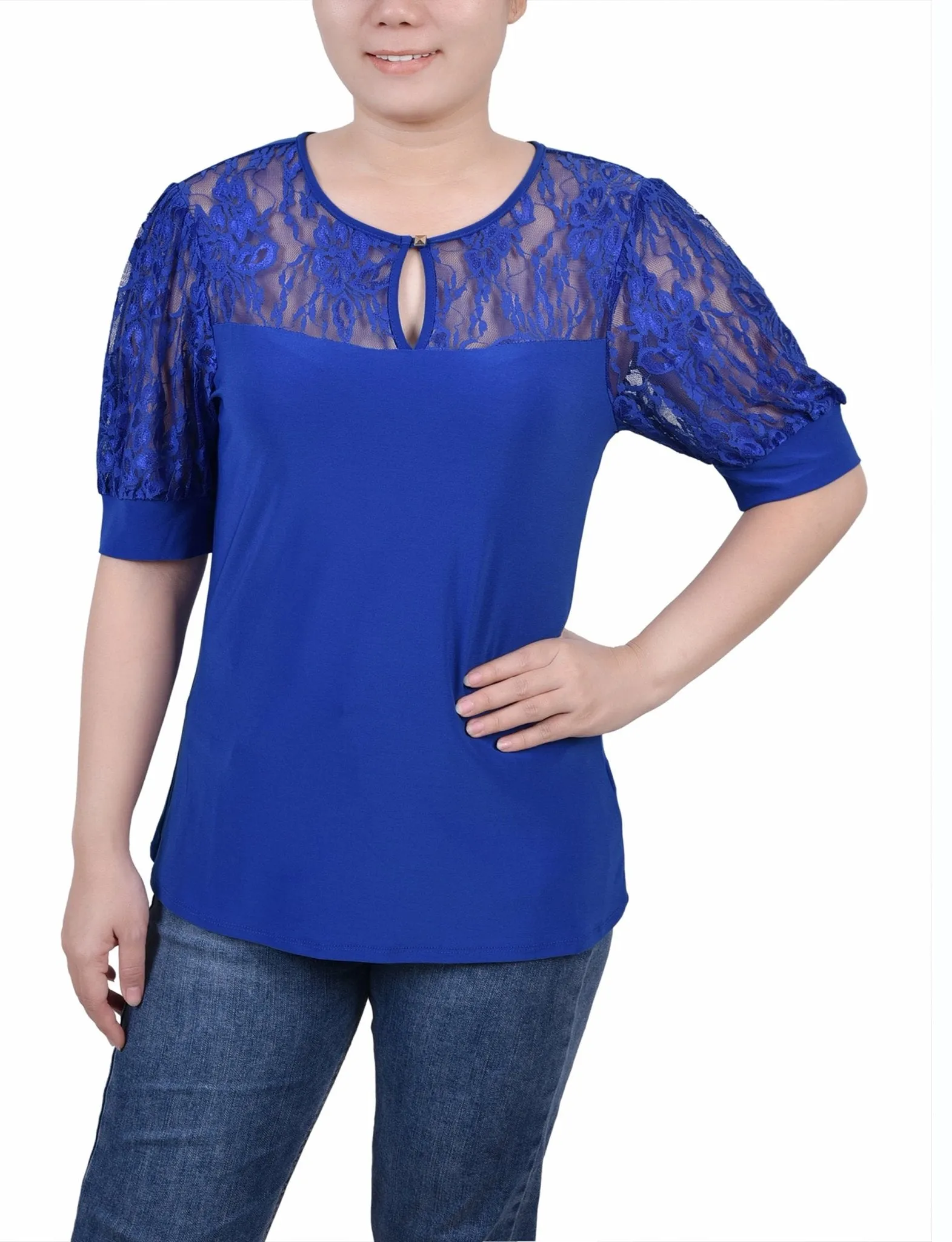 Surf The Web Short Puff Sleeve Top With Lace Sleeves And Yoke sold by Dress Barn