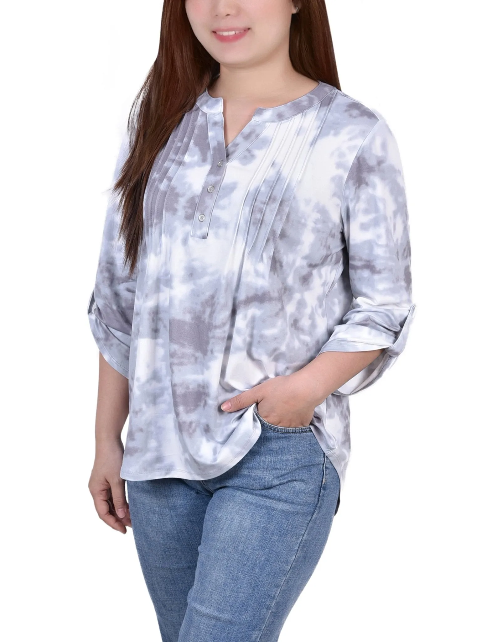Grey Tiedye 3/4 Bell Sleeve Pleat Front Y Neck Top sold by Dress Barn product image thumbnail 2