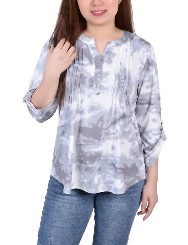 Grey Tiedye 3/4 Bell Sleeve Pleat Front Y Neck Top sold by Dress Barn