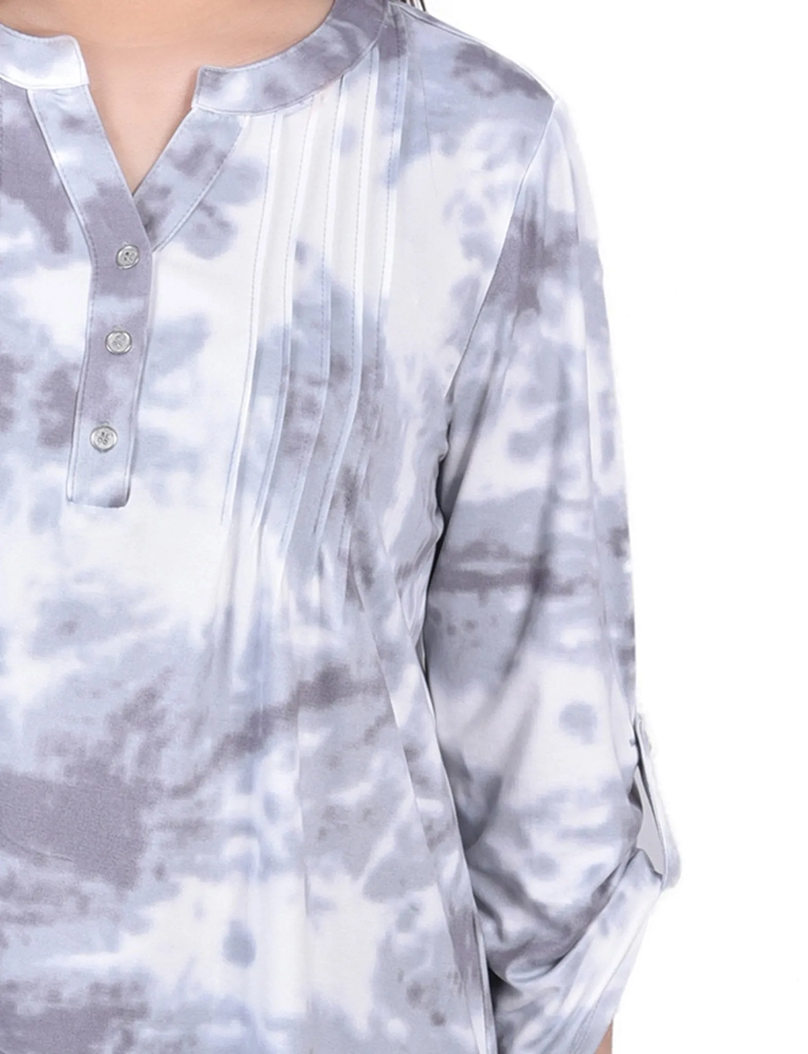 Grey Tiedye 3/4 Bell Sleeve Pleat Front Y Neck Top sold by Dress Barn product image thumbnail 3