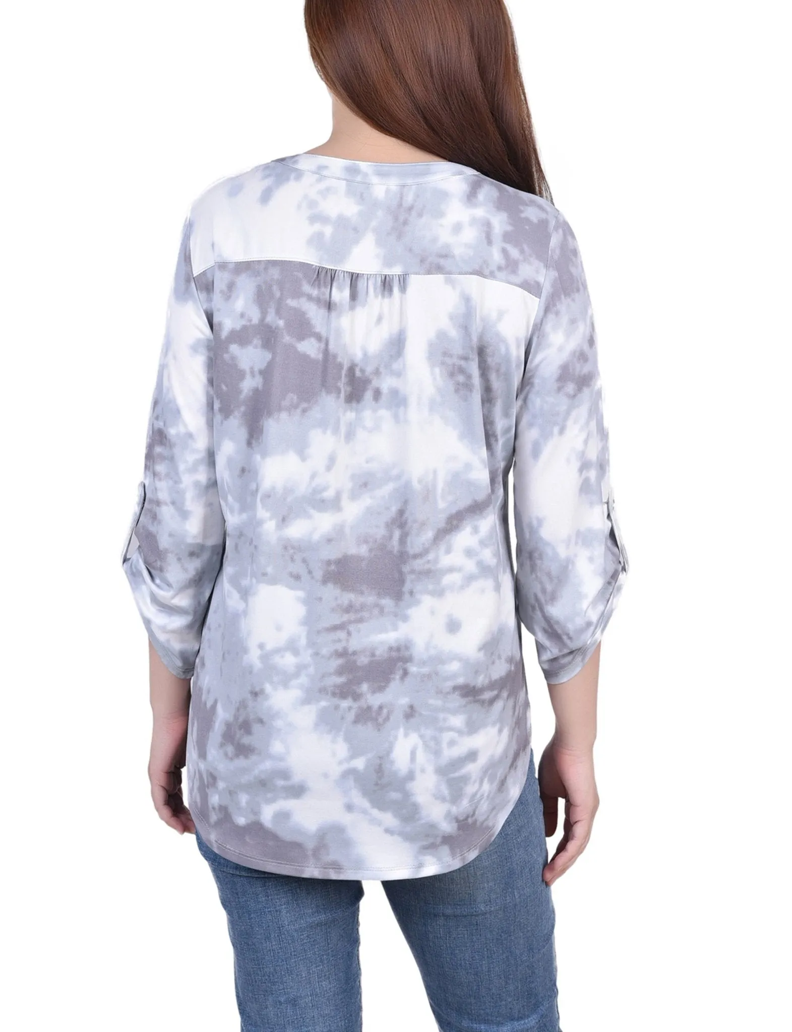 Grey Tiedye 3/4 Bell Sleeve Pleat Front Y Neck Top sold by Dress Barn product image thumbnail 4