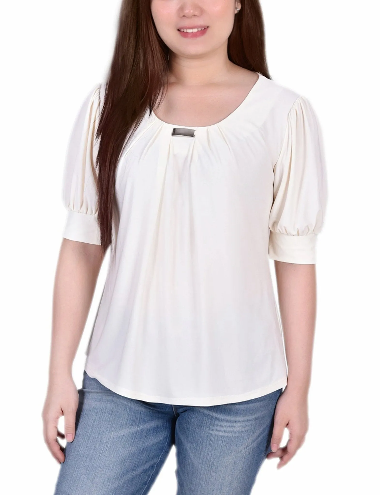 Pristine Short Sleeve Balloon Sleeve Top With Hardware sold by Dress Barn