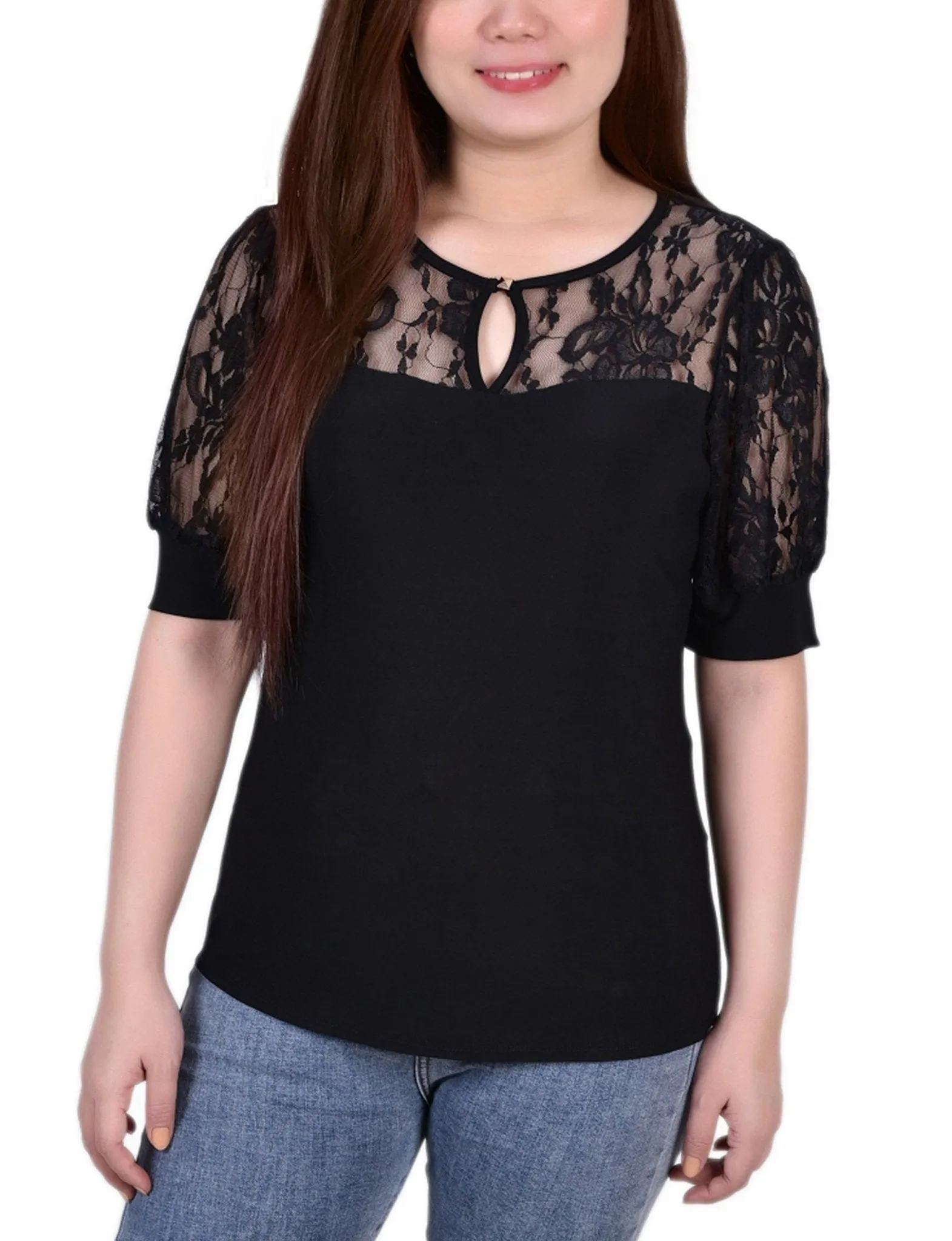 Black Short Puff Sleeve Top With Lace Sleeves And Yoke sold by Dress Barn