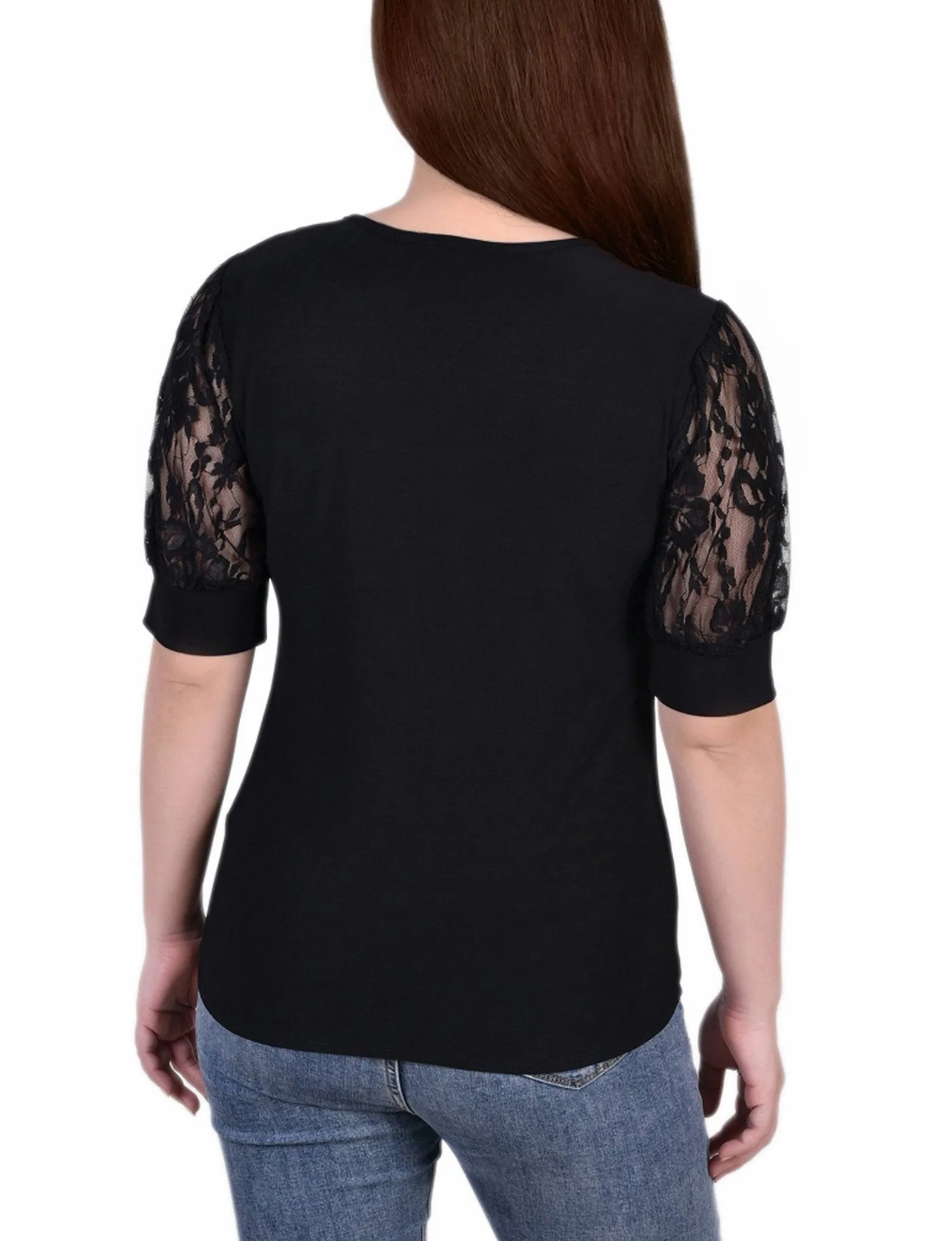 Black Short Puff Sleeve Top With Lace Sleeves And Yoke sold by Dress Barn product image thumbnail 4