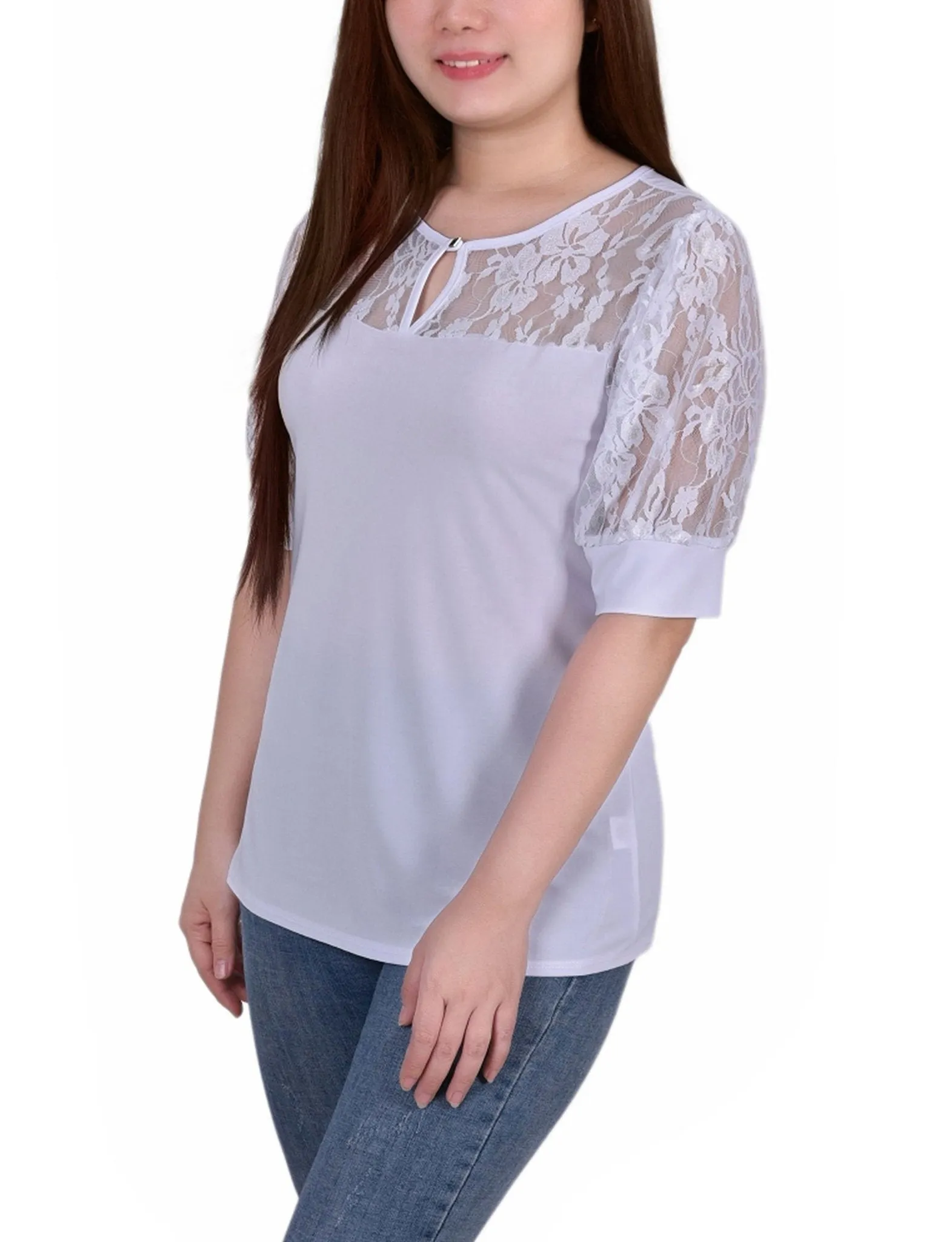 White Short Puff Sleeve Top With Lace Sleeves And Yoke sold by Dress Barn product image thumbnail 2