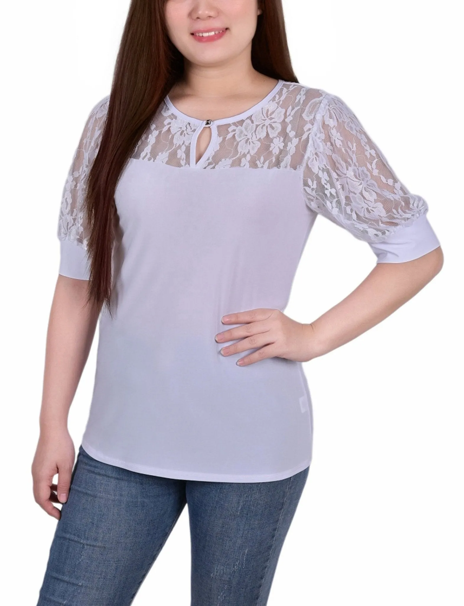White Short Puff Sleeve Top With Lace Sleeves And Yoke sold by Dress Barn