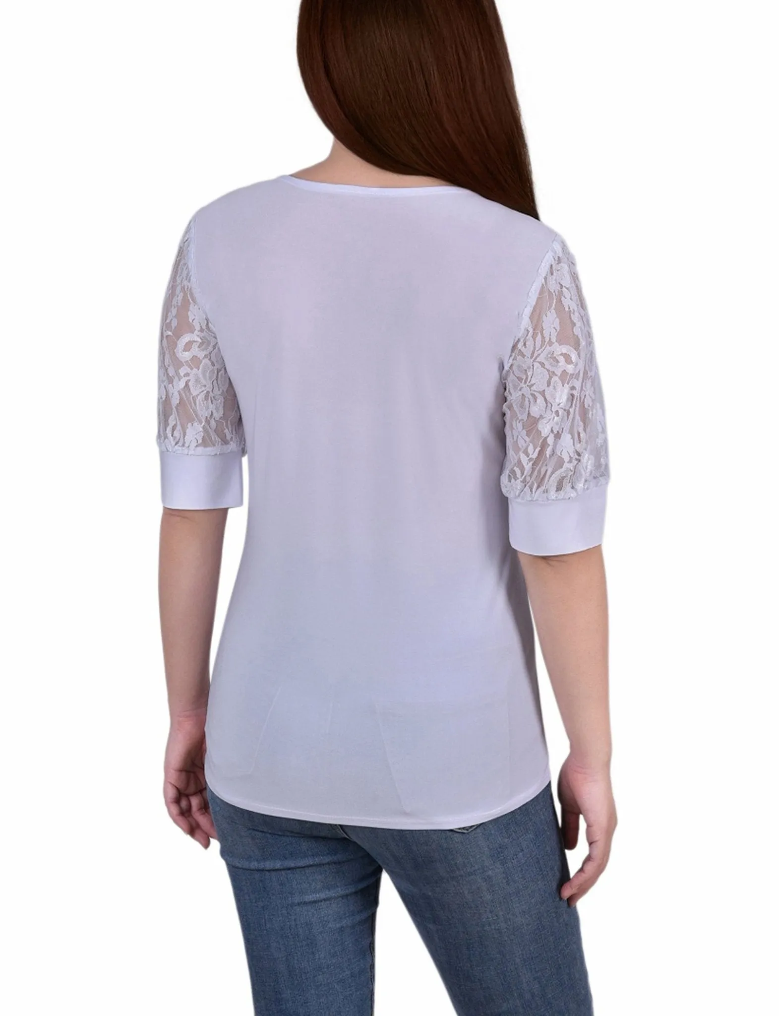 White Short Puff Sleeve Top With Lace Sleeves And Yoke sold by Dress Barn product image thumbnail 4