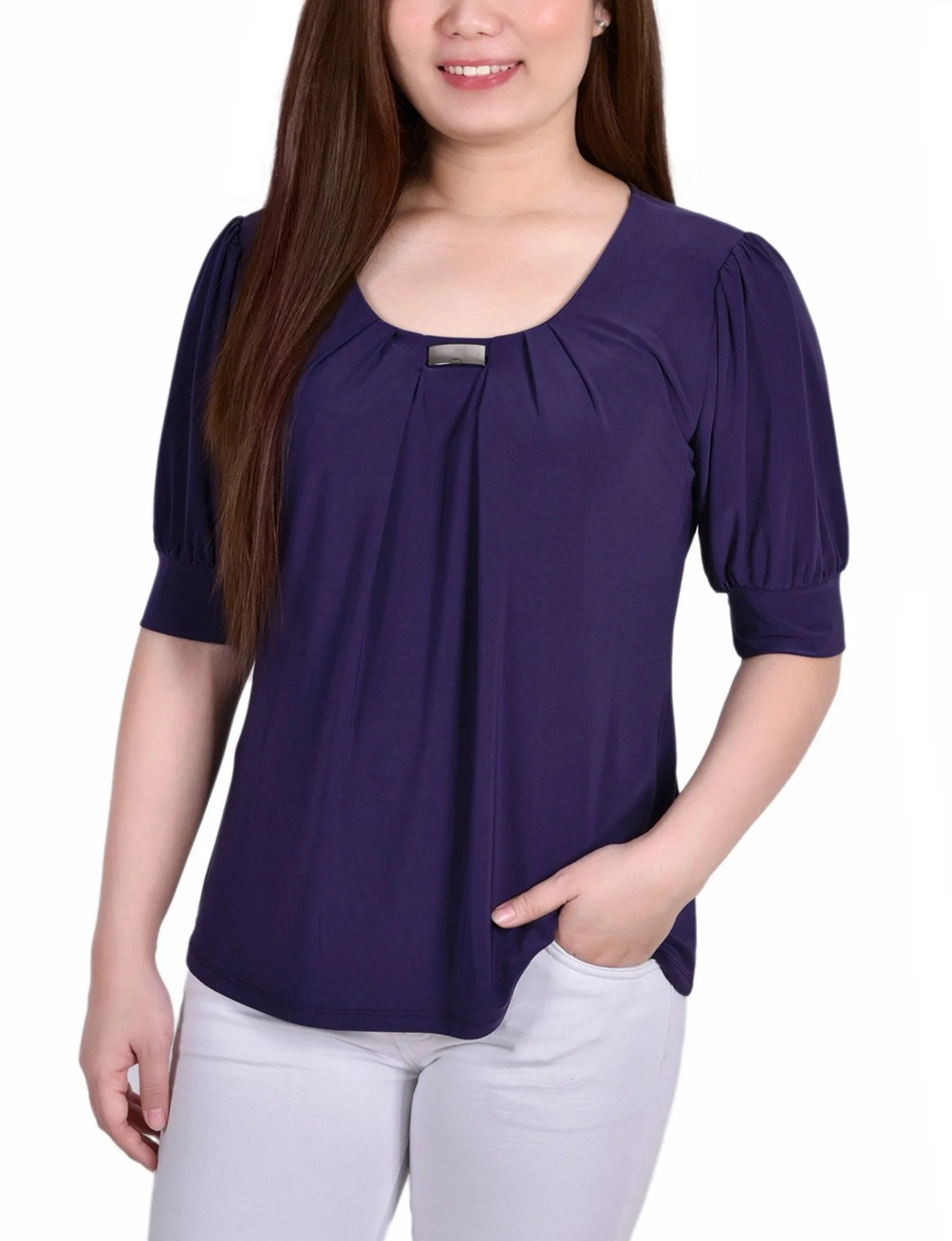 Purple Short Sleeve Balloon Sleeve Top With Hardware sold by Dress Barn