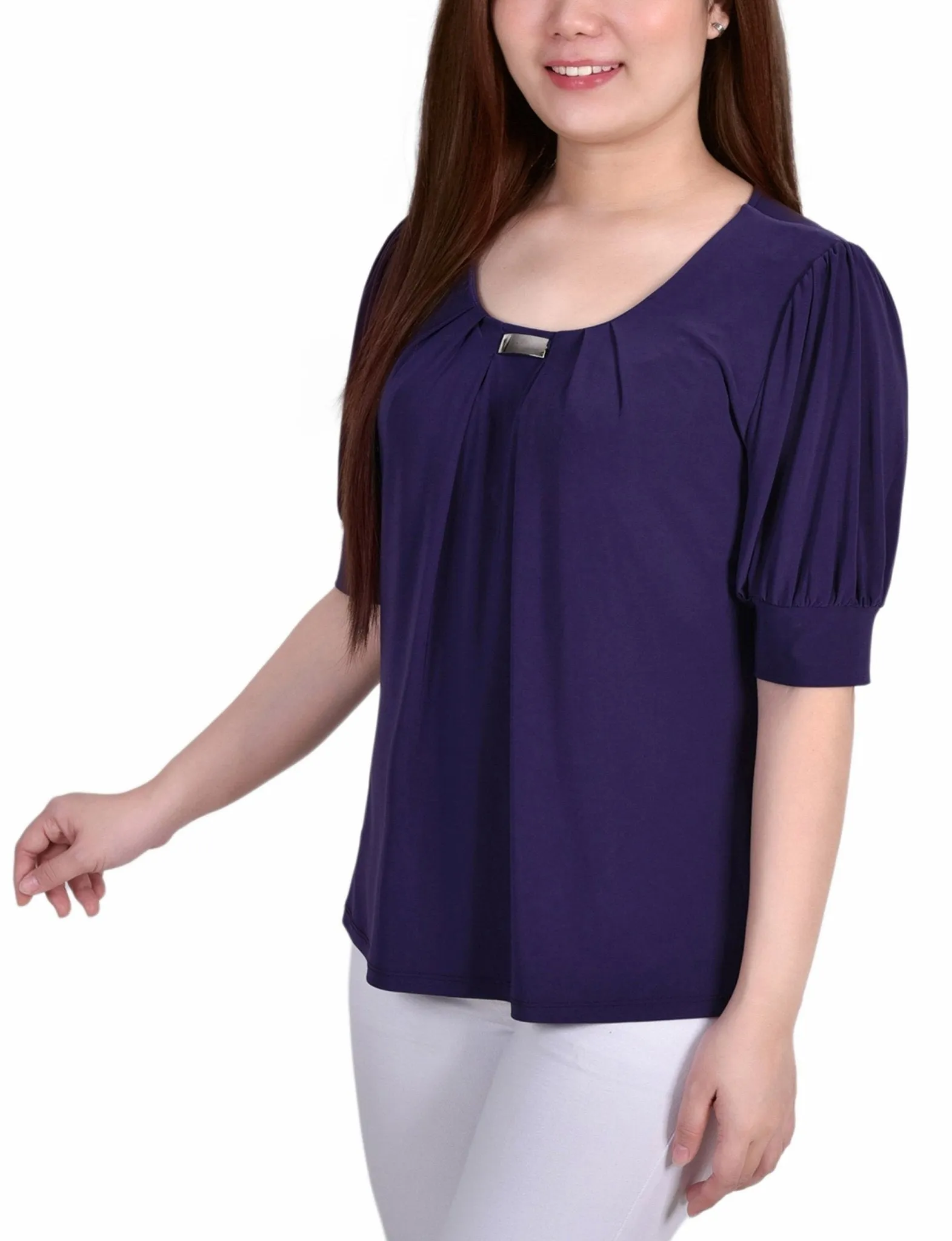 Purple Short Sleeve Balloon Sleeve Top With Hardware sold by Dress Barn product image thumbnail 2