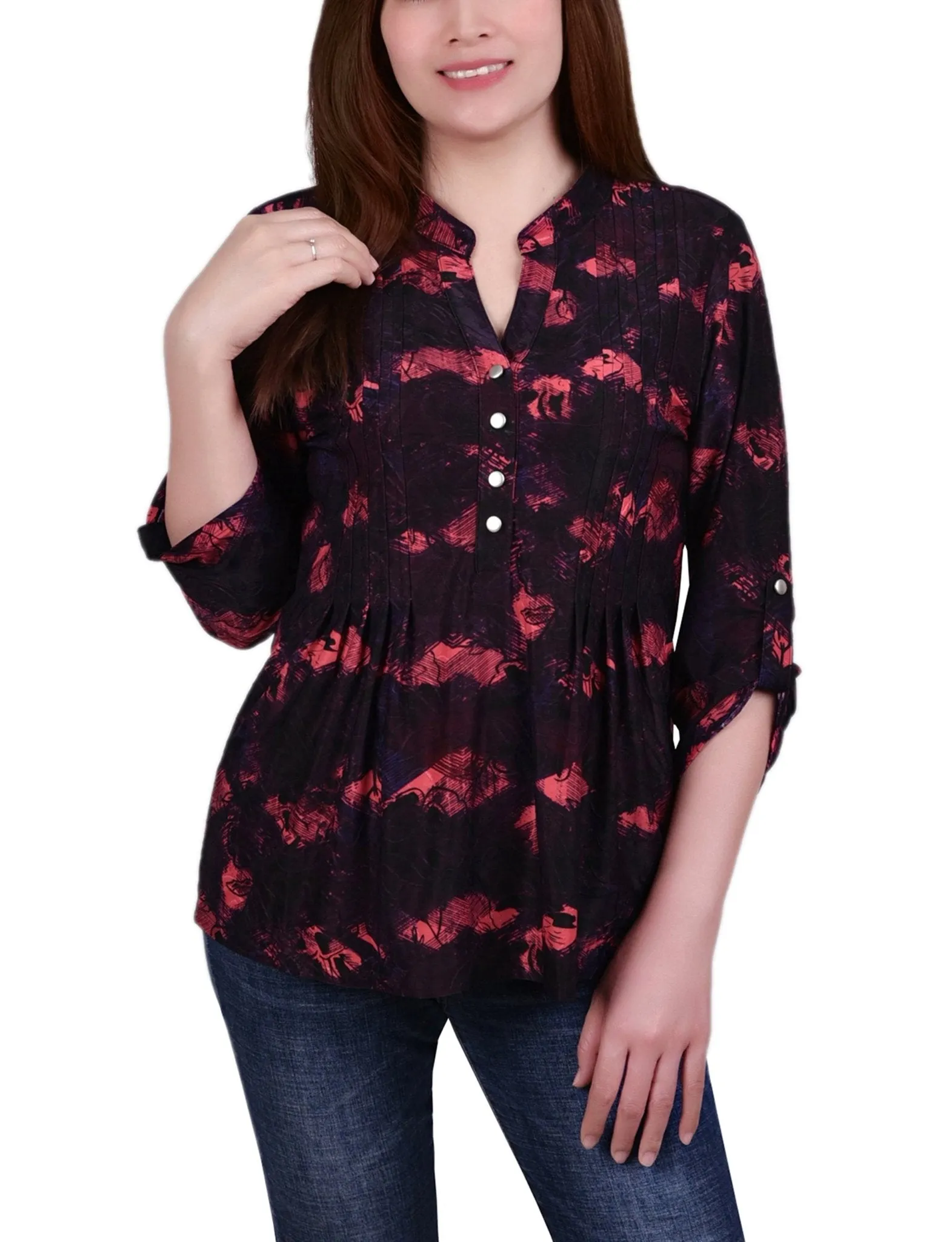 Red Milaflor 3/4 Sleeve Roll Tab Y Neck Top sold by Dress Barn