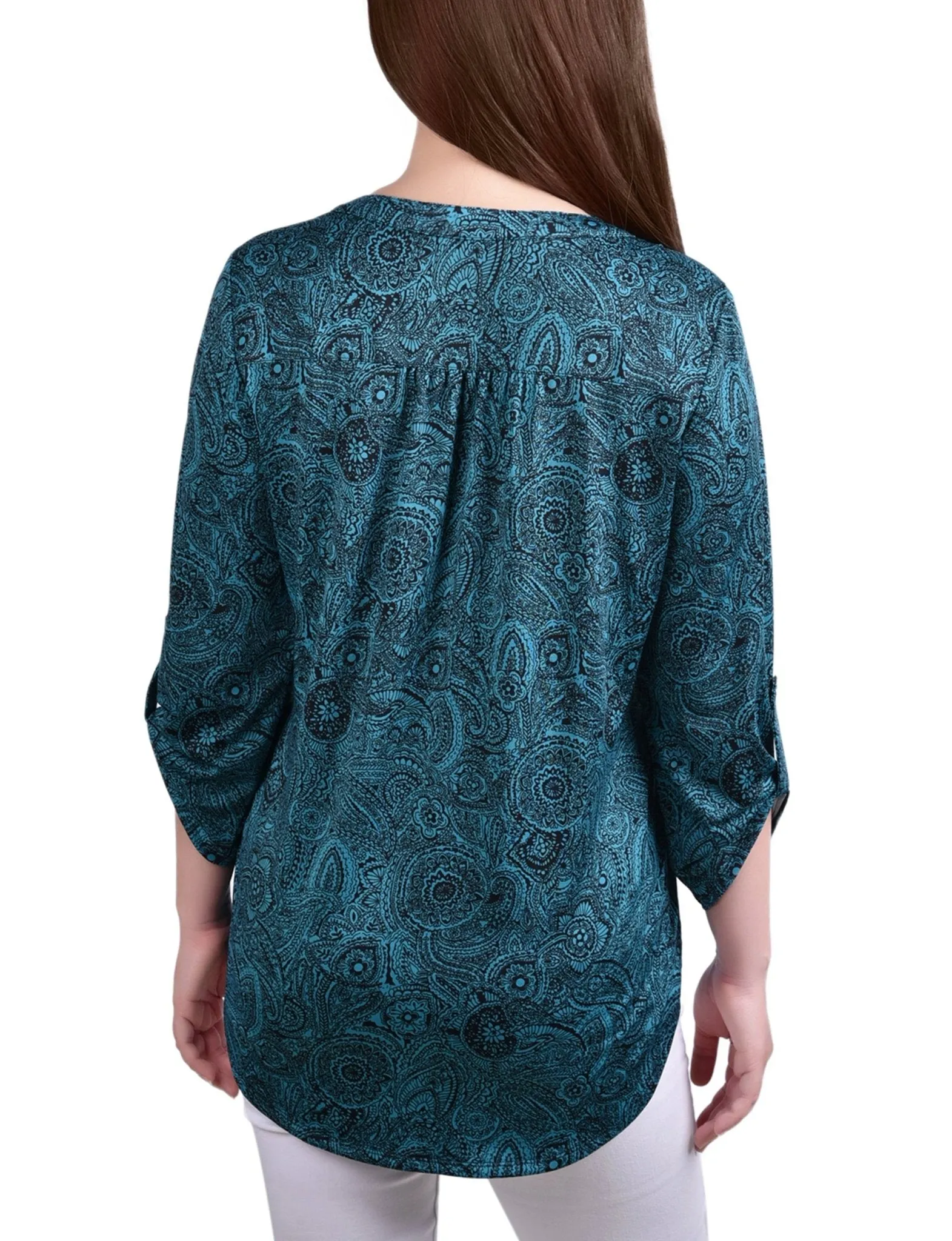 Teal Whisper 3/4 Bell Sleeve Pleat Front Y Neck Top sold by Dress Barn product image thumbnail 4