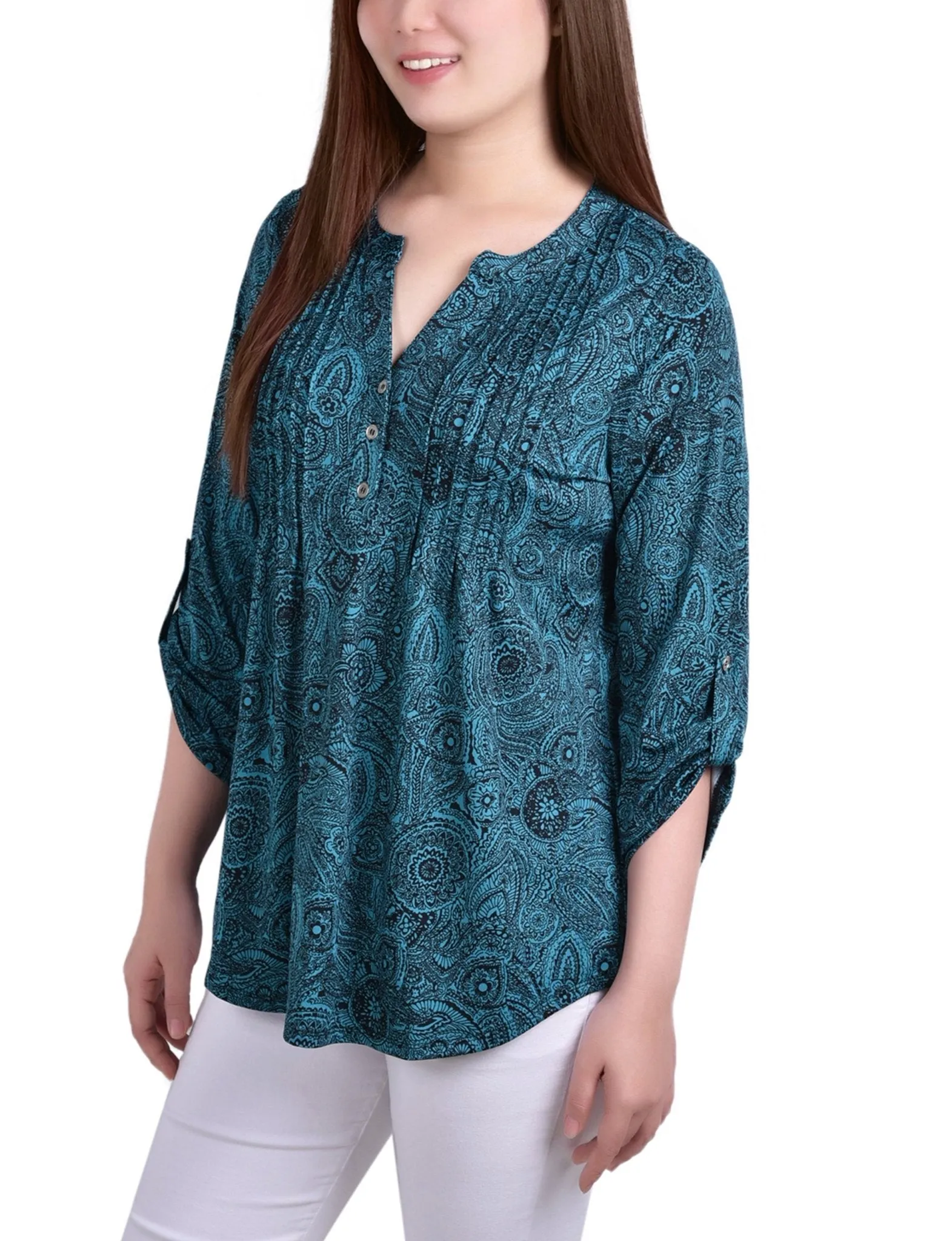 Teal Whisper 3/4 Bell Sleeve Pleat Front Y Neck Top sold by Dress Barn product image thumbnail 2