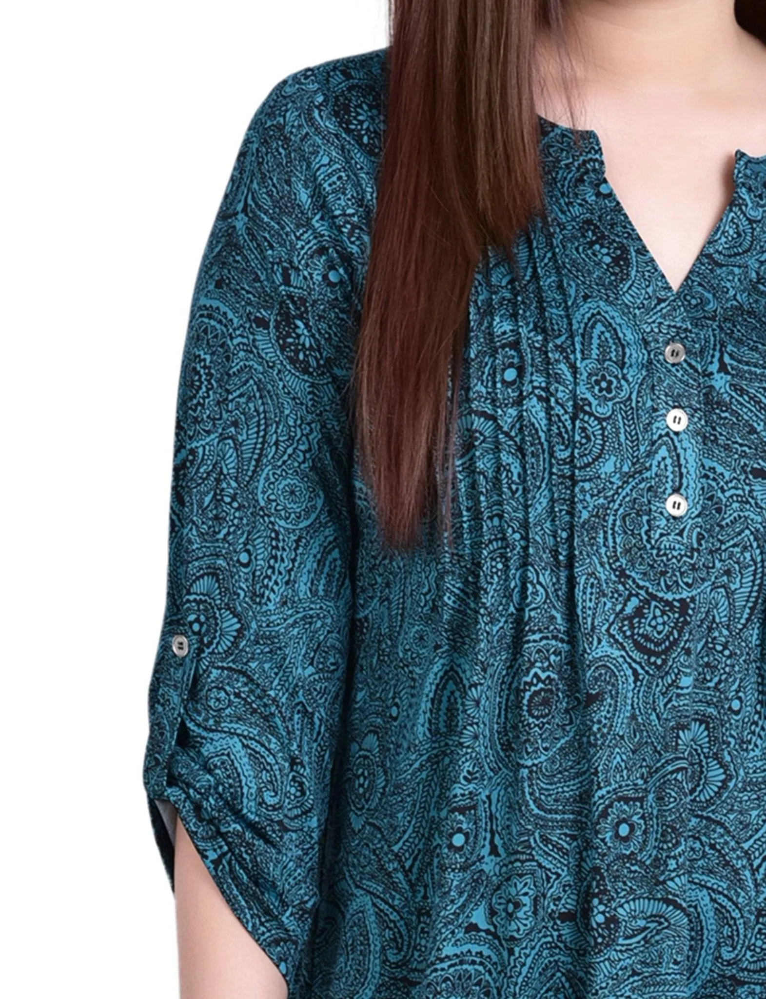 Teal Whisper 3/4 Bell Sleeve Pleat Front Y Neck Top sold by Dress Barn product image thumbnail 3
