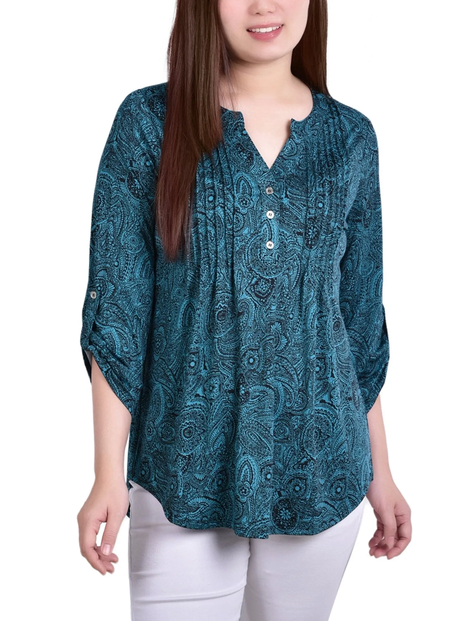 Teal Whisper 3/4 Bell Sleeve Pleat Front Y Neck Top sold by Dress Barn