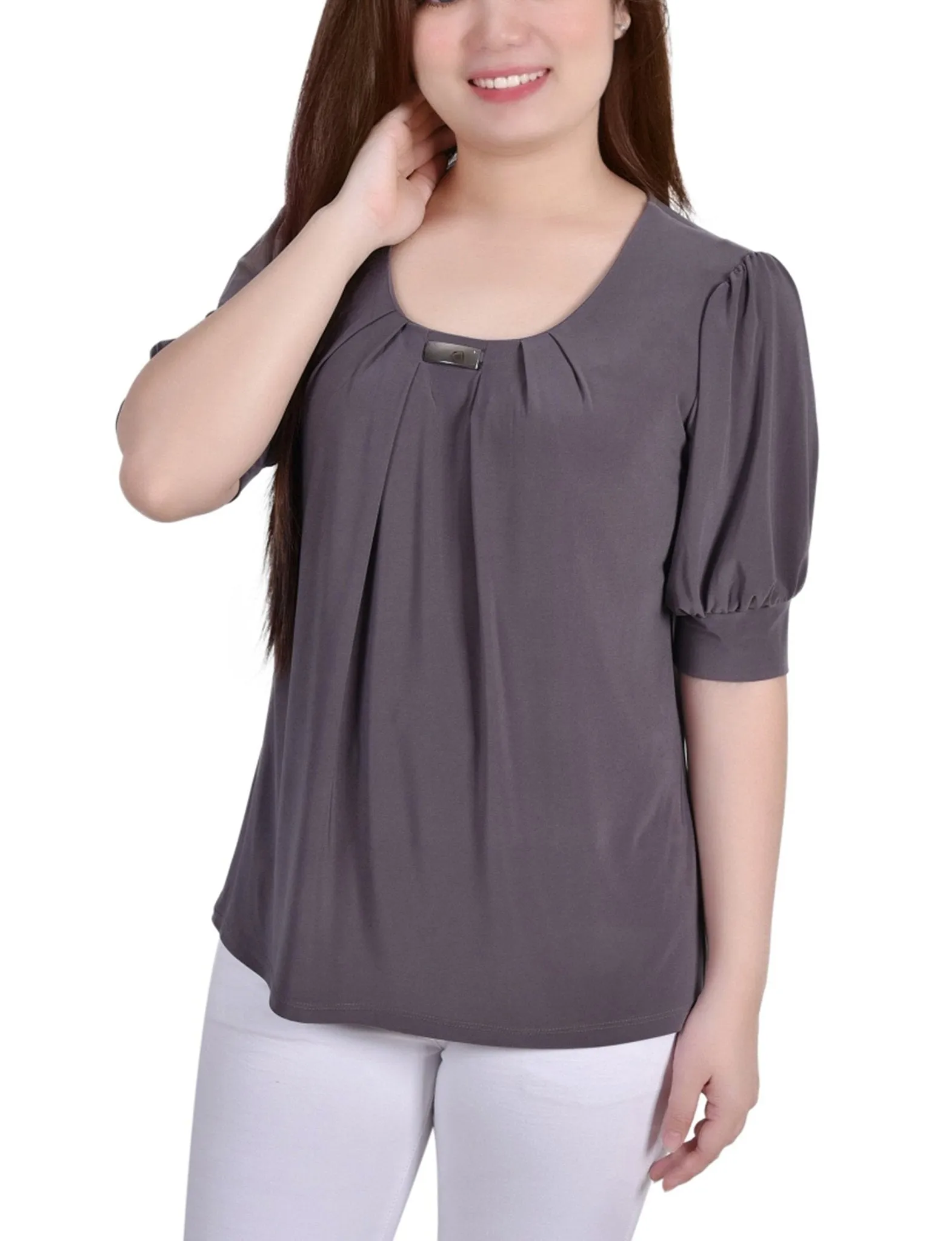Charcoal Short Sleeve Balloon Sleeve Top With Hardware sold by Dress Barn