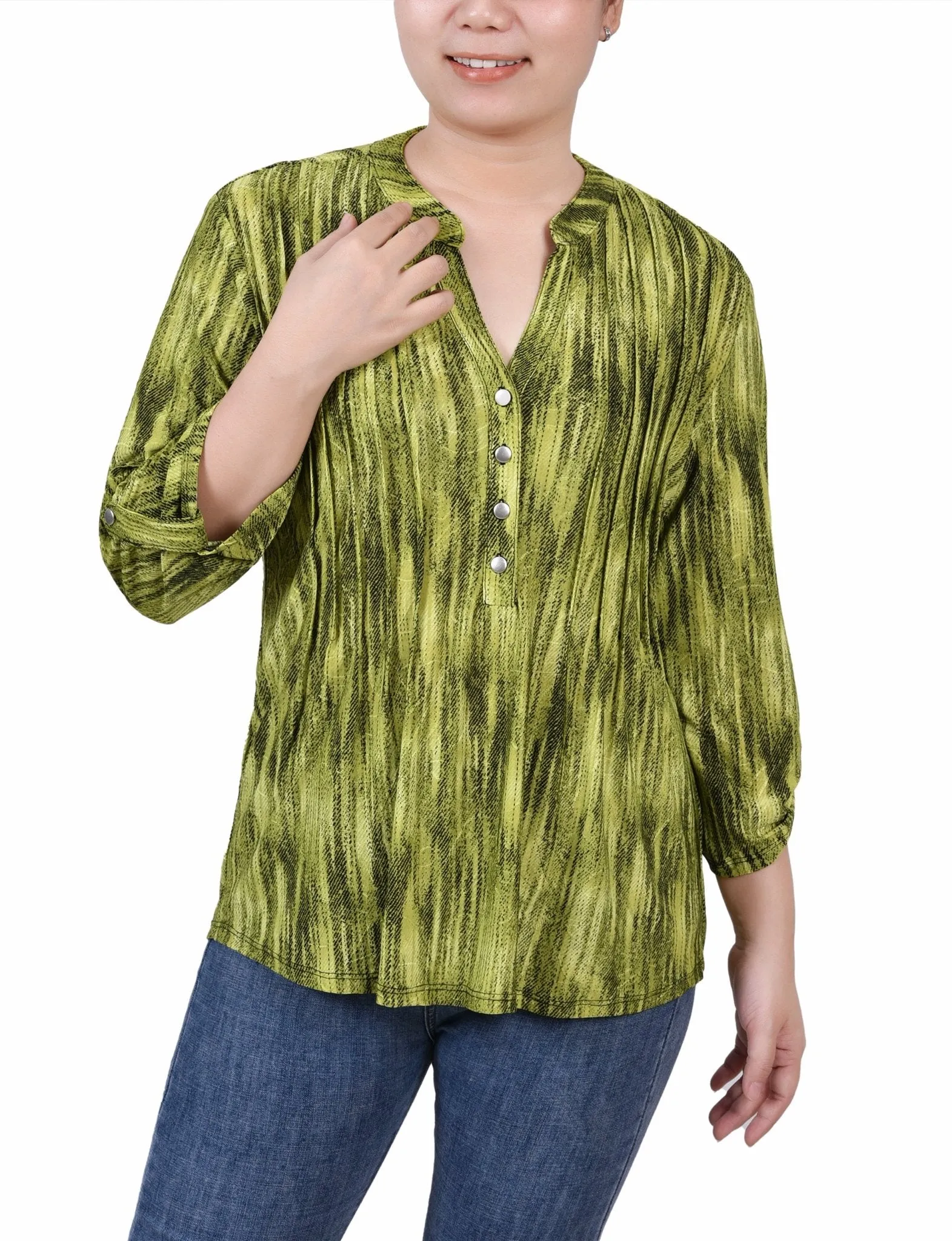 Chartreuse 3/4 Sleeve Roll Tab Y Neck Top sold by Dress Barn