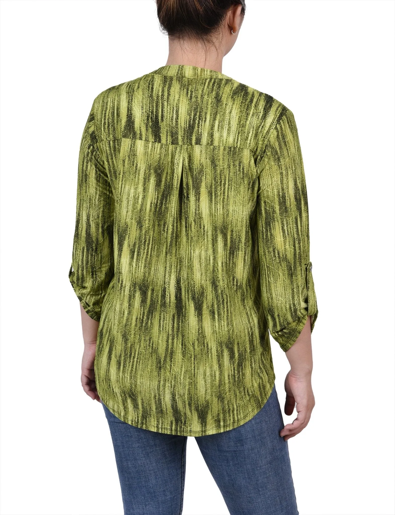 Chartreuse 3/4 Sleeve Roll Tab Y Neck Top sold by Dress Barn product image thumbnail 4