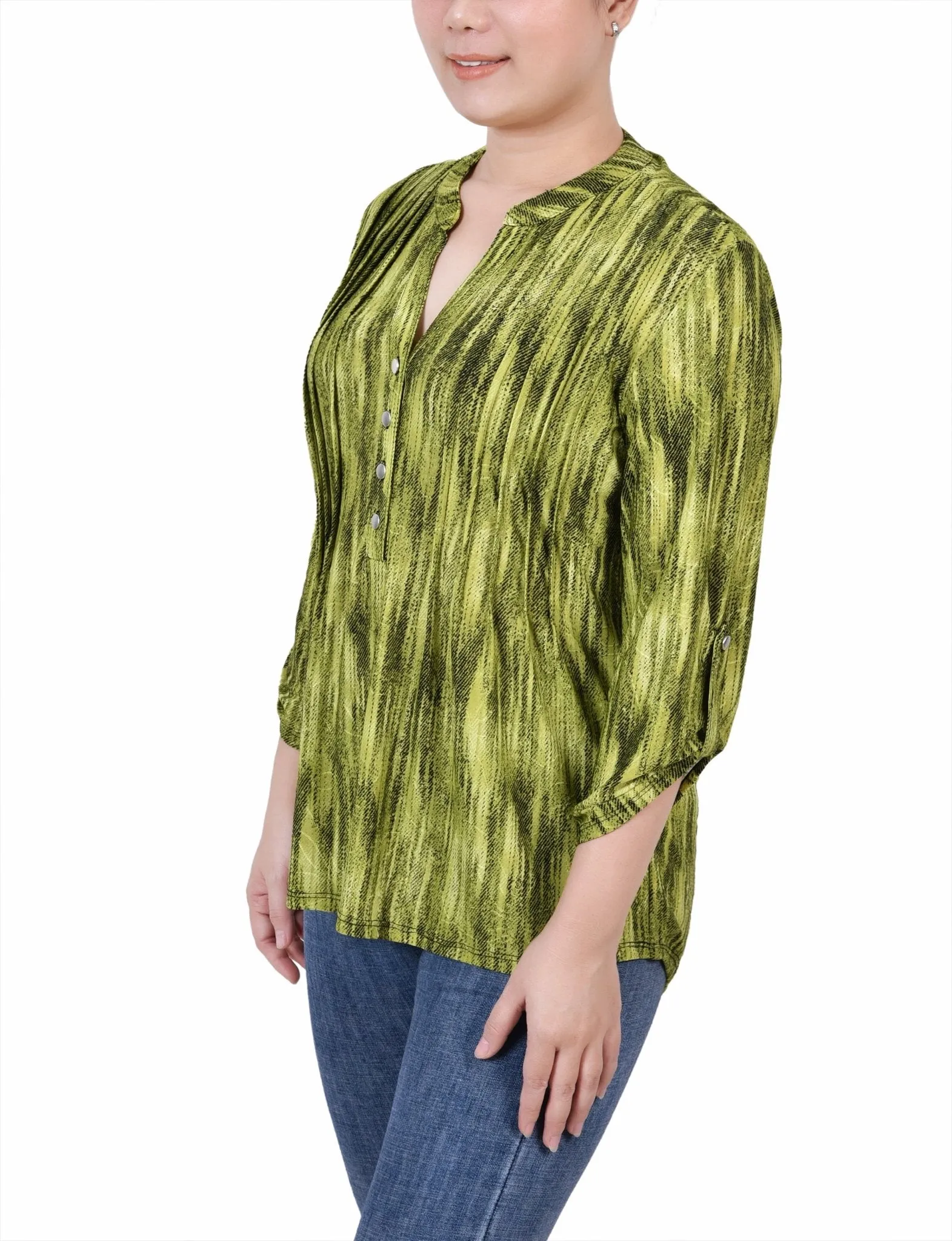 Chartreuse 3/4 Sleeve Roll Tab Y Neck Top sold by Dress Barn product image thumbnail 2
