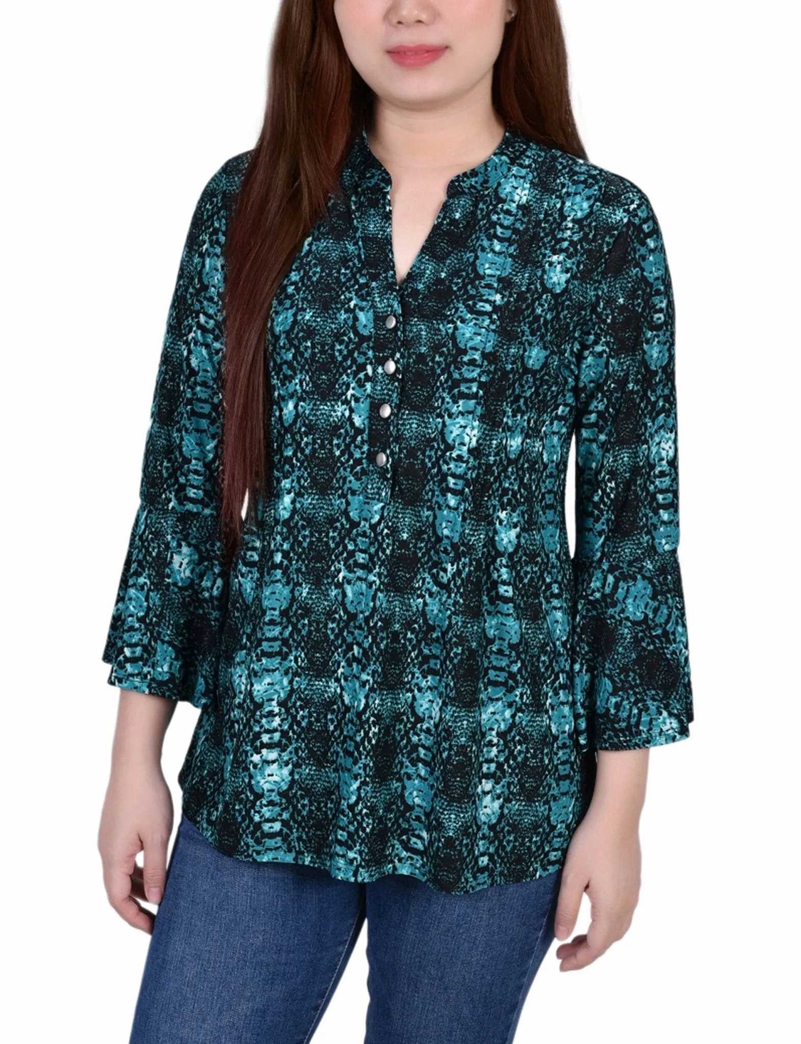 Teal Plaid 3/4 Bell Sleeve Pleat Front Y Neck Top sold by Dress Barn