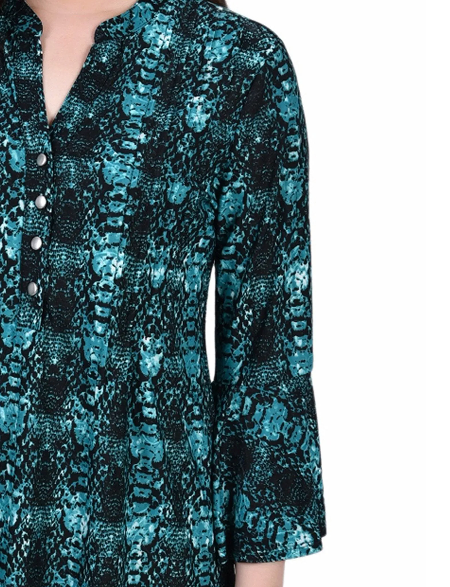 Teal Plaid 3/4 Bell Sleeve Pleat Front Y Neck Top sold by Dress Barn product image thumbnail 3
